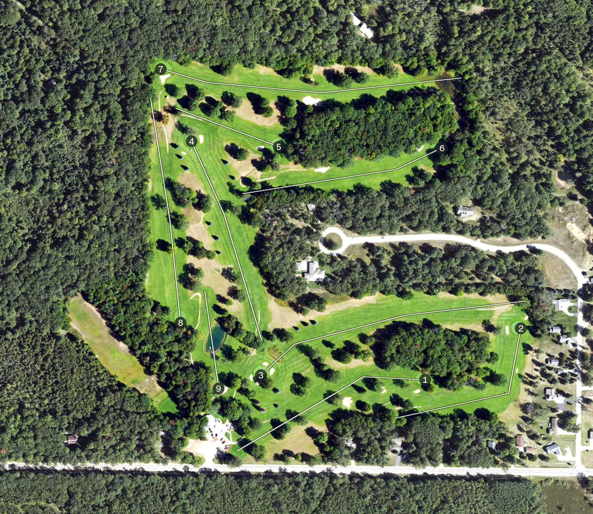 Aerial view of Birch Pointe Golf Club, MI, with its hole routing marked