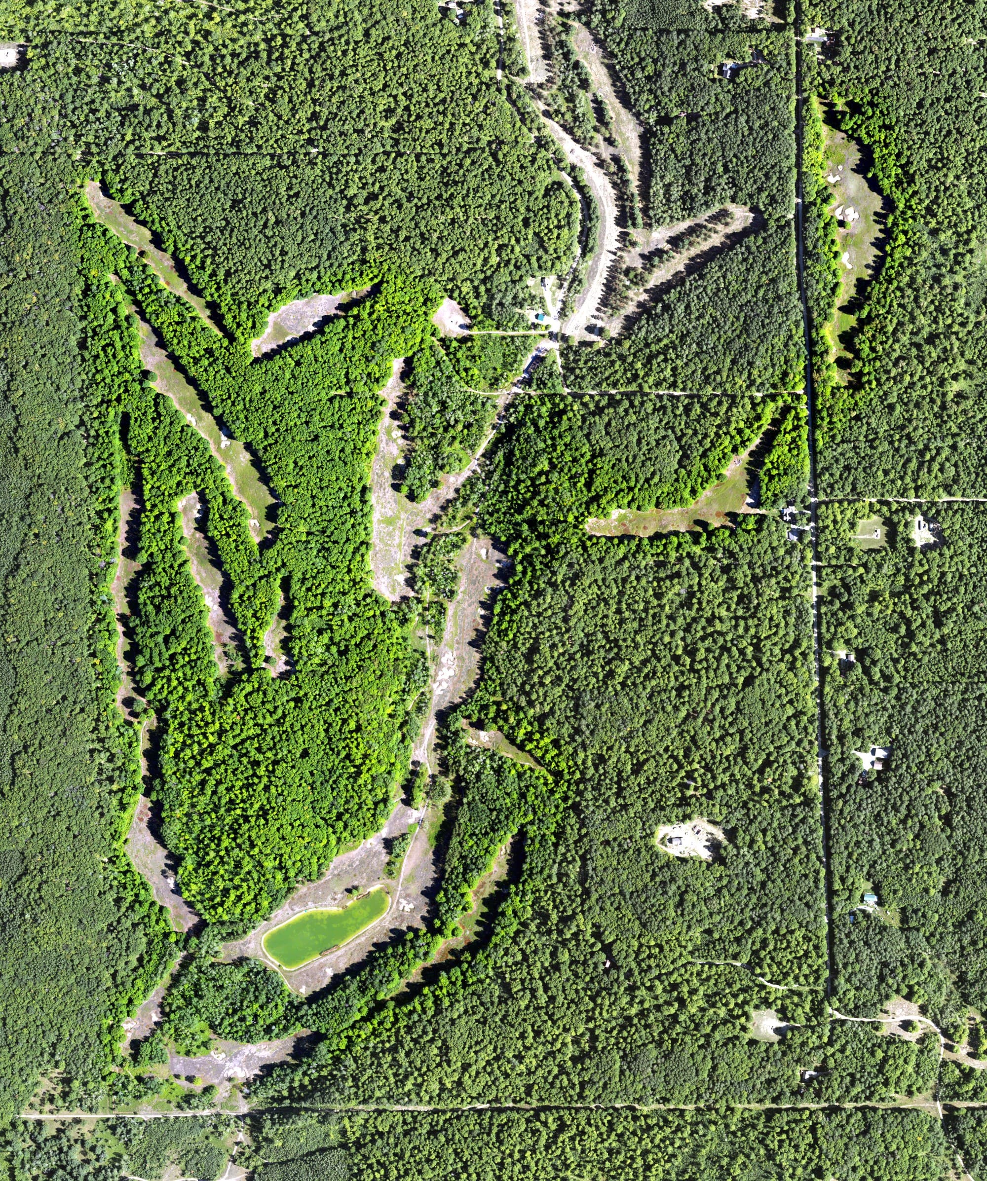 Aerial view of Black Forest at Wilderness Valley, MI, with its hole routing marked