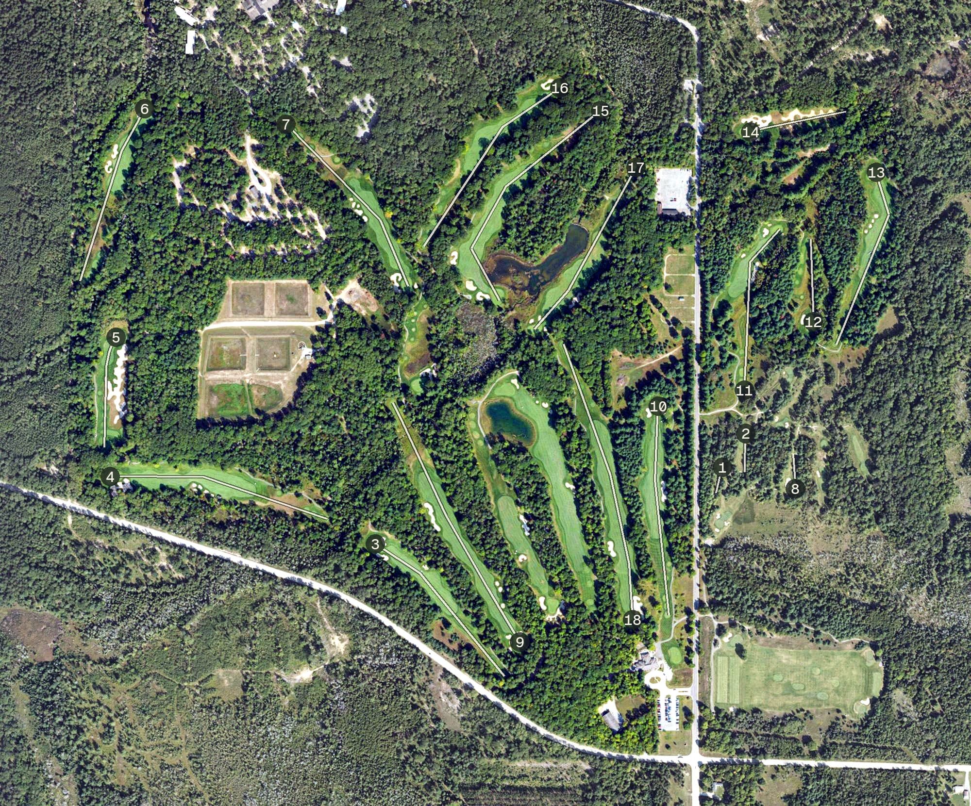Aerial view of Black Lake Golf Course, MI, with its hole routing marked