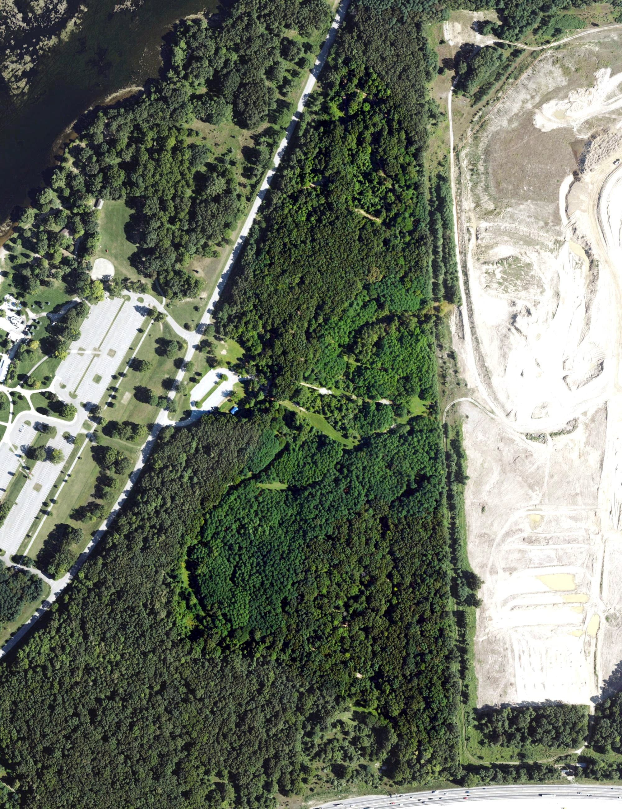 Aerial view of Black Locust Disc Golf Course, MI, with its hole routing marked