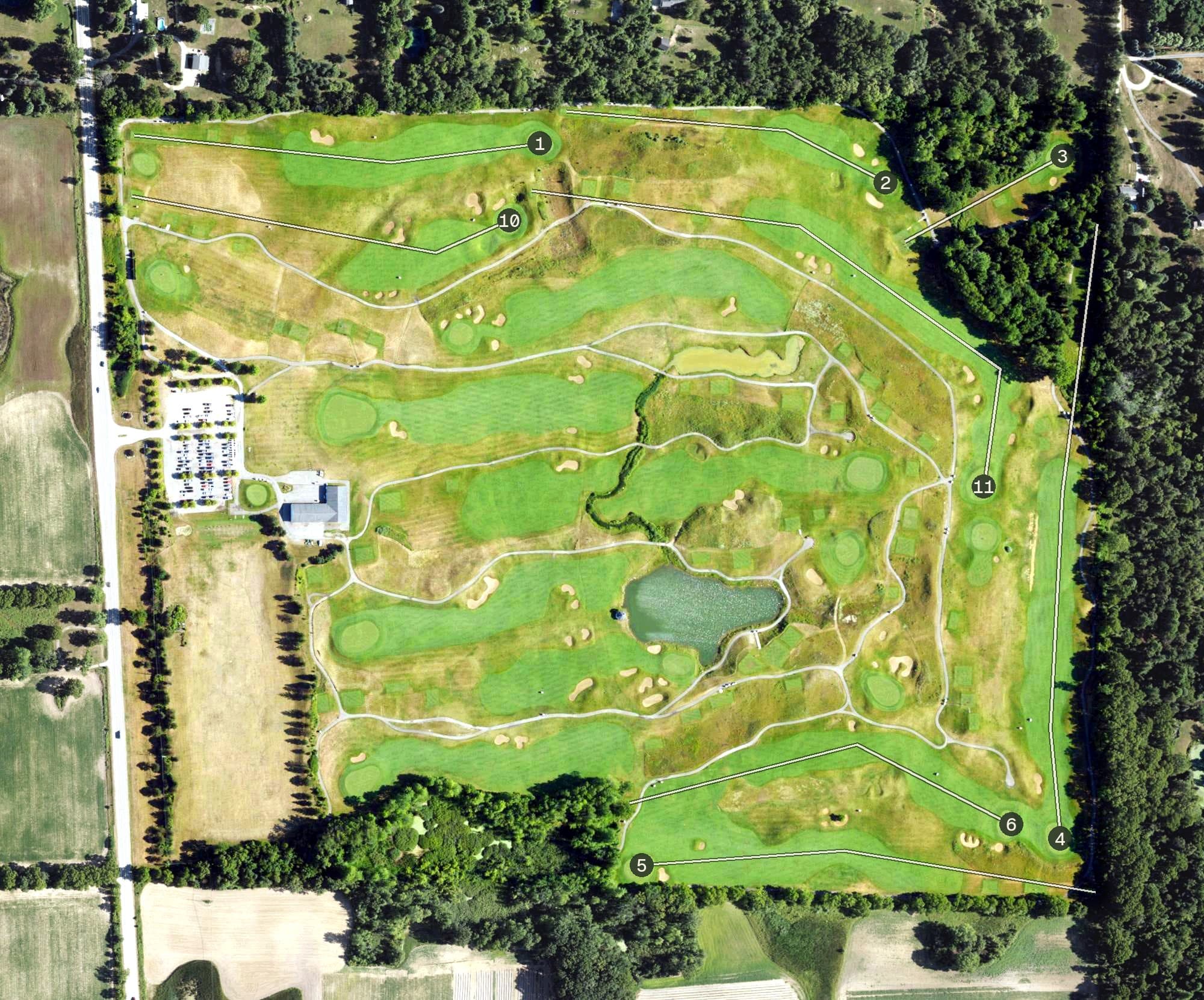 Aerial view of Blackheath Golf Club, MI, with its hole routing marked