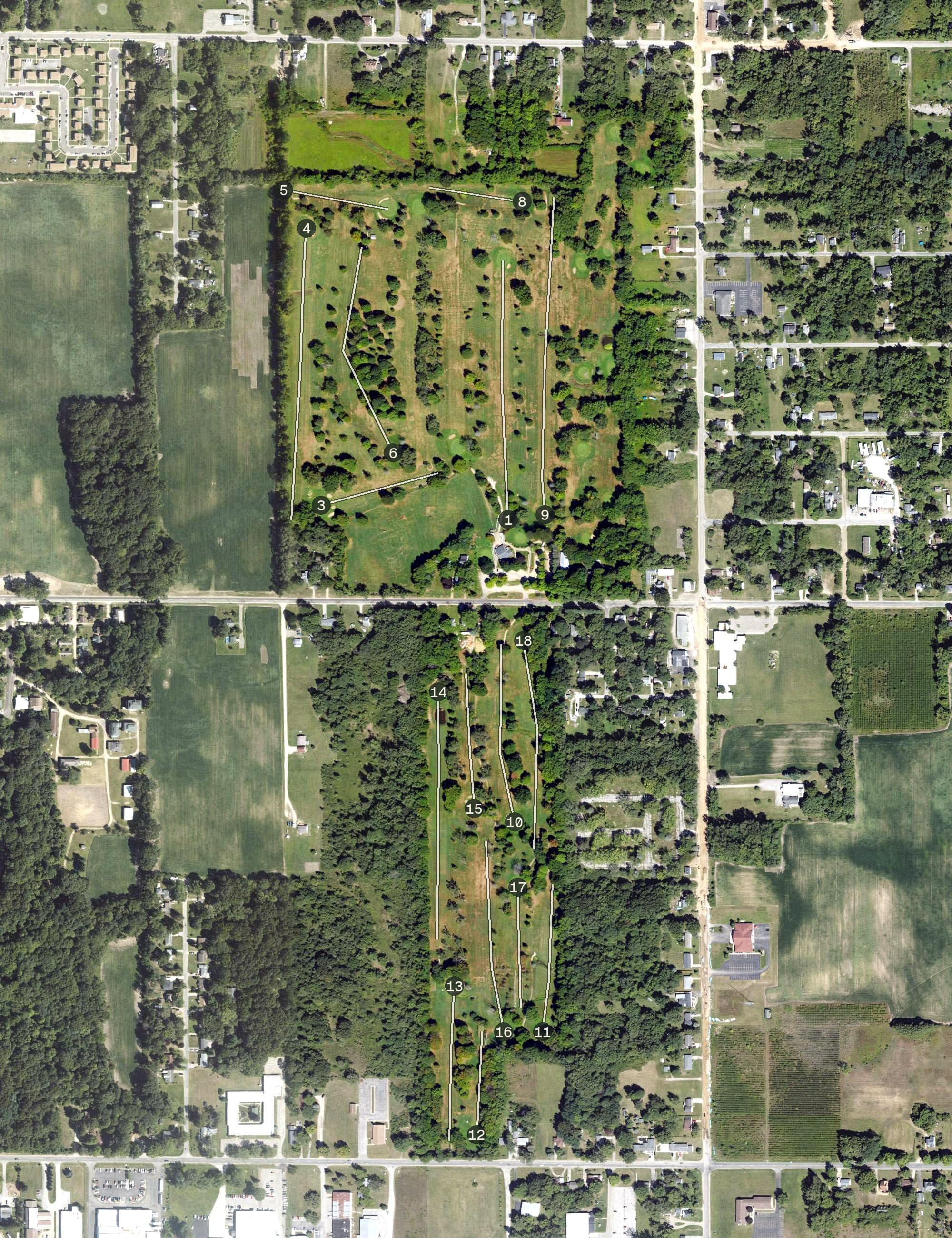 Aerial view of Blossom Trails Golf Club, MI, with its hole routing marked