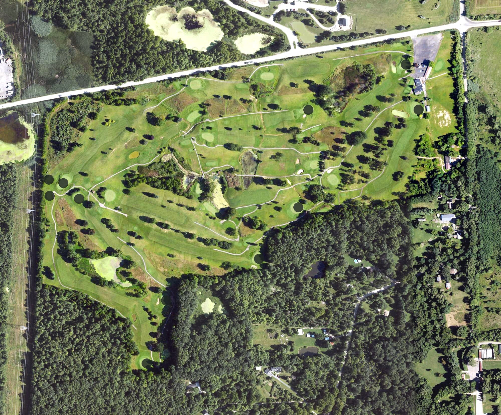 Aerial view of Brae-Burn Golf Club, MI, with its hole routing marked