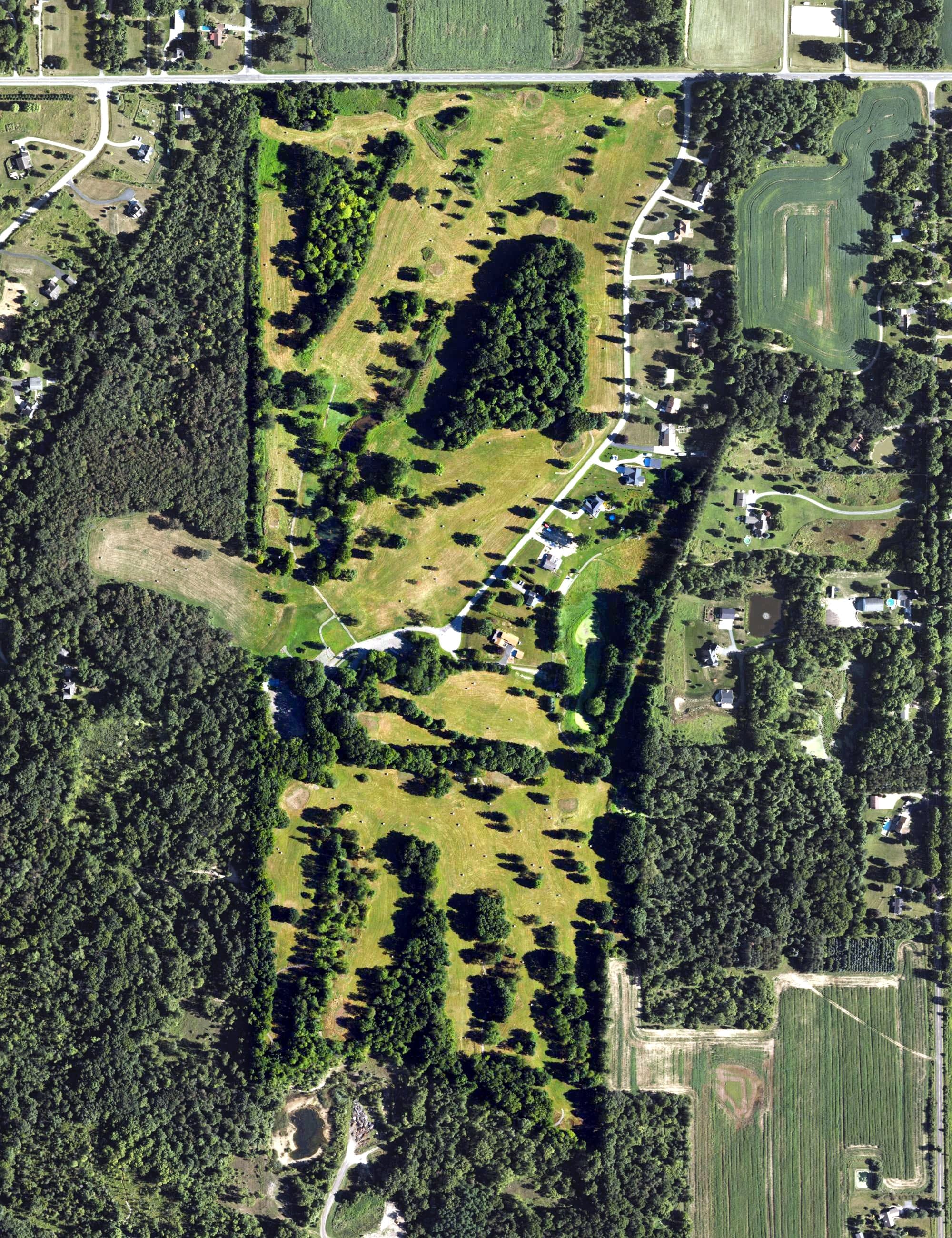 Aerial view of Branson Bay Golf Course, MI, with its hole routing marked