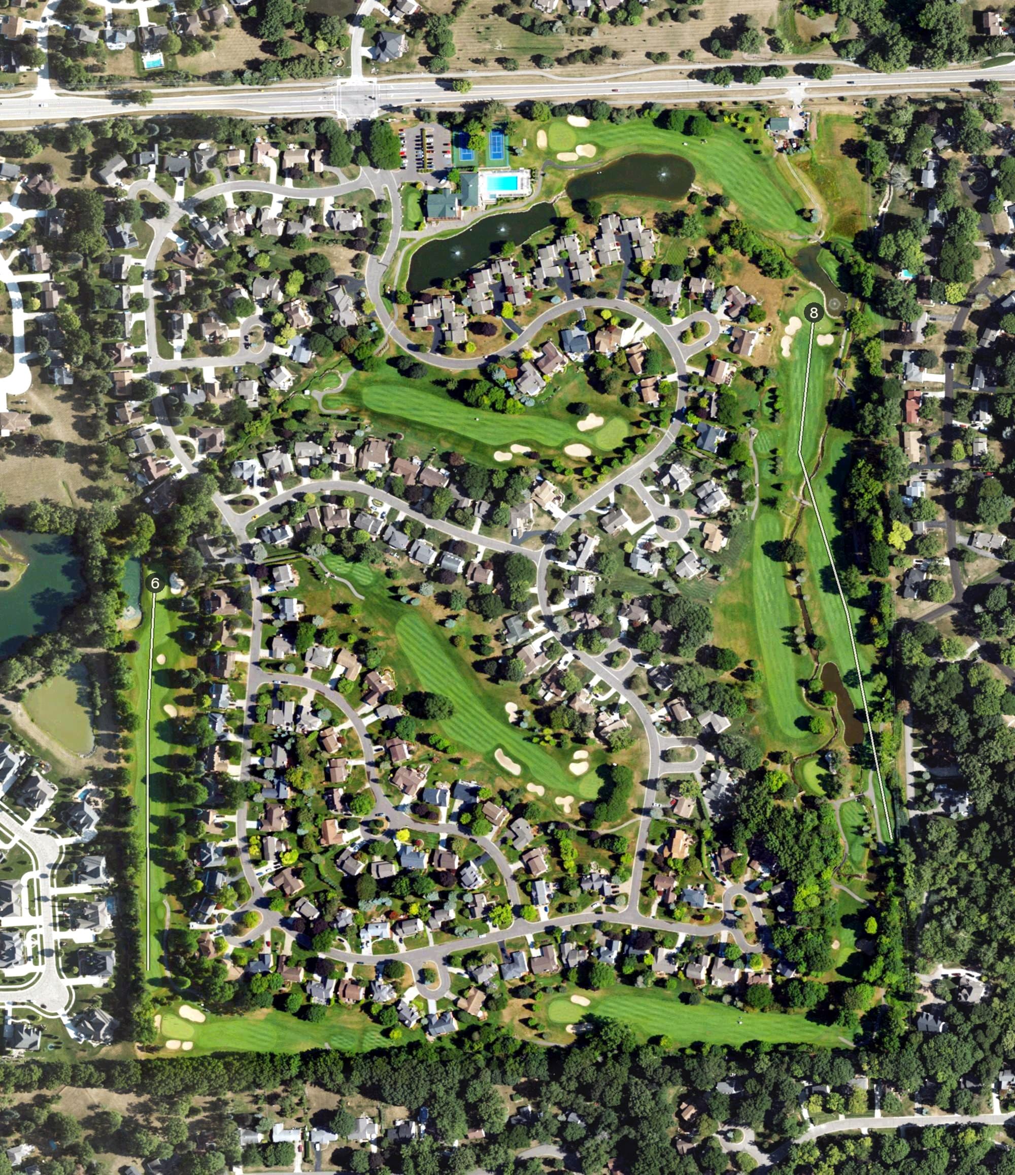 Aerial view of Brookwood Golf Club, MI, with its hole routing marked