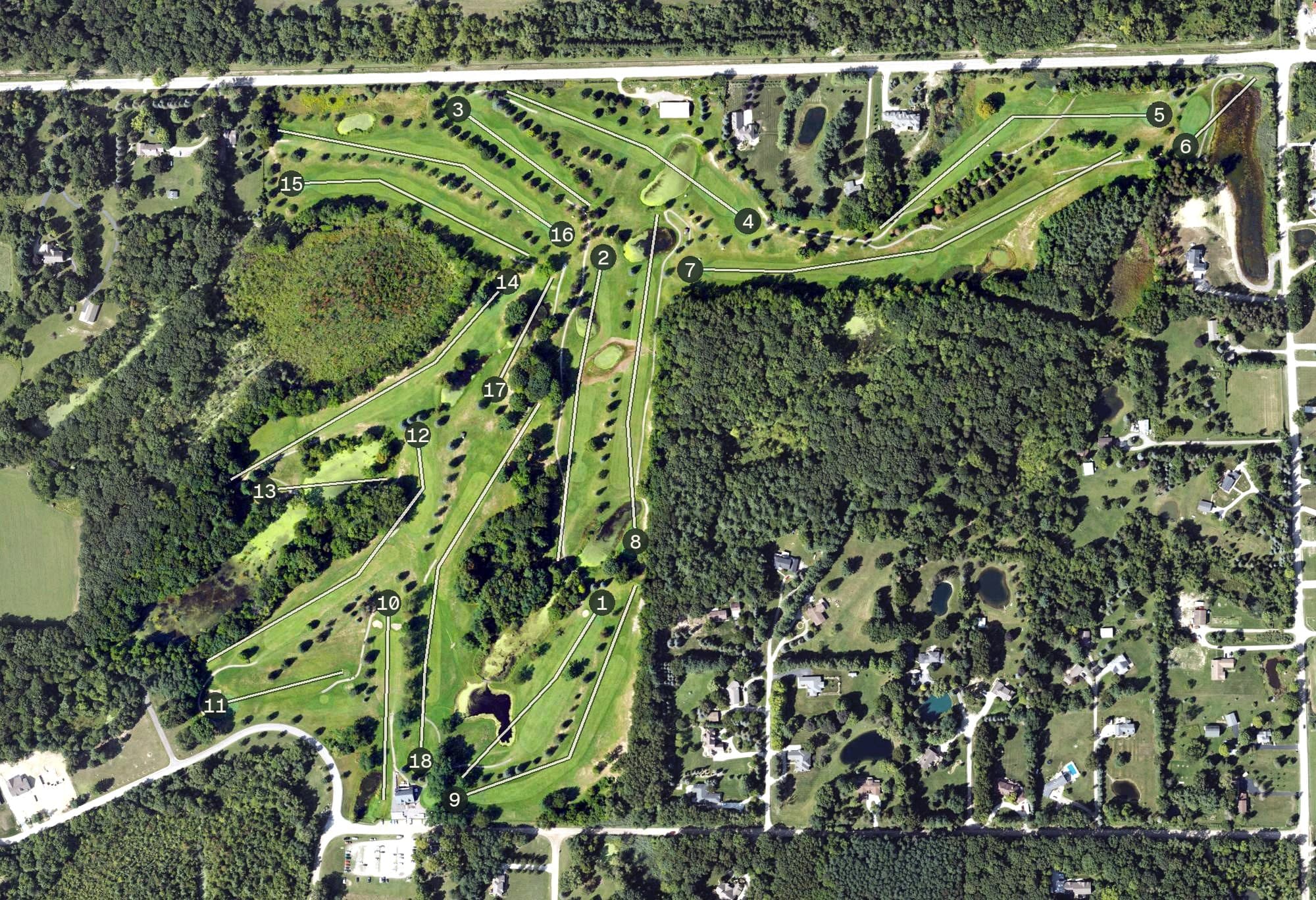 Aerial view of Bruce Hills Golf Course, MI, with its hole routing marked