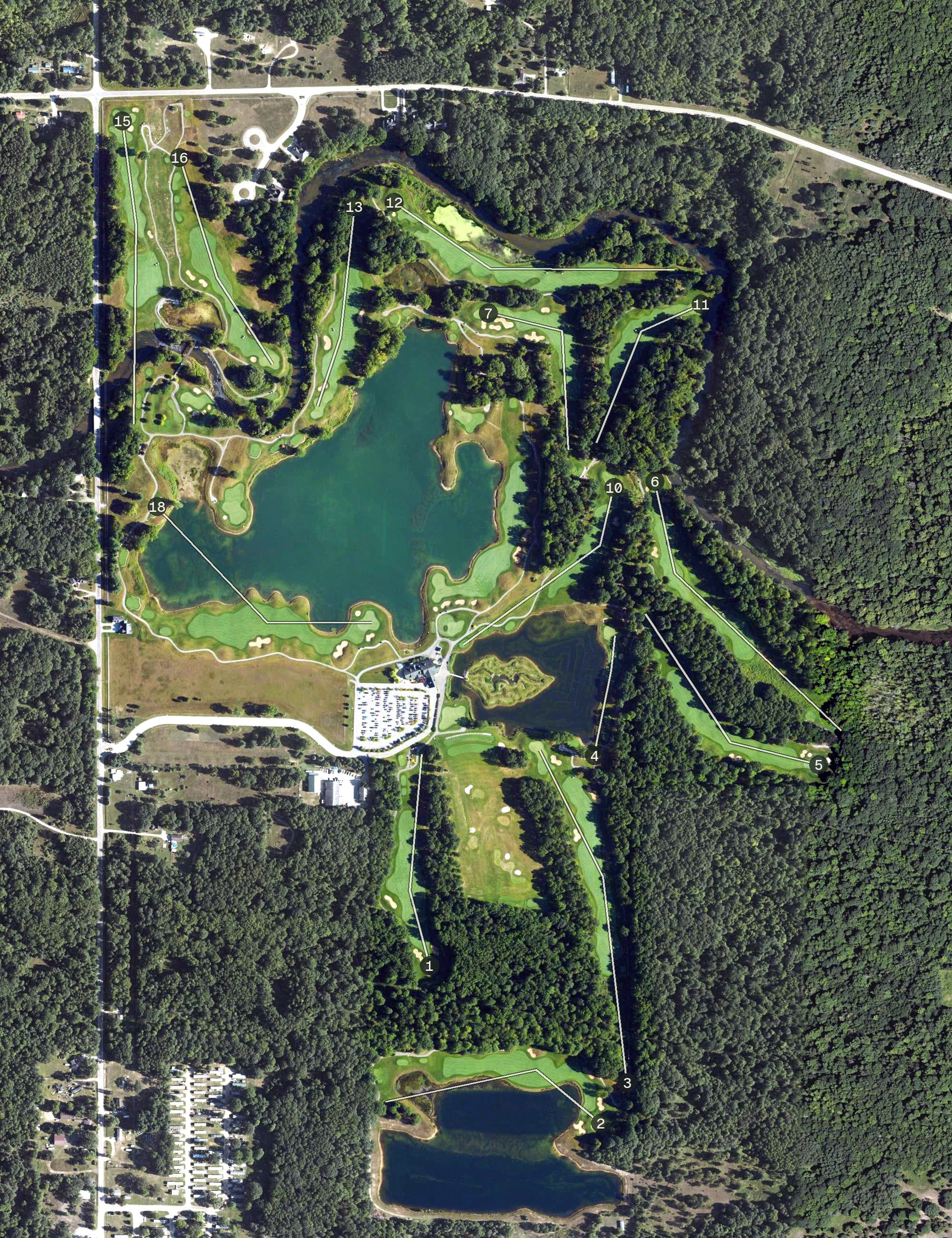 Aerial view of Bucks Run Golf Club, MI, with its hole routing marked