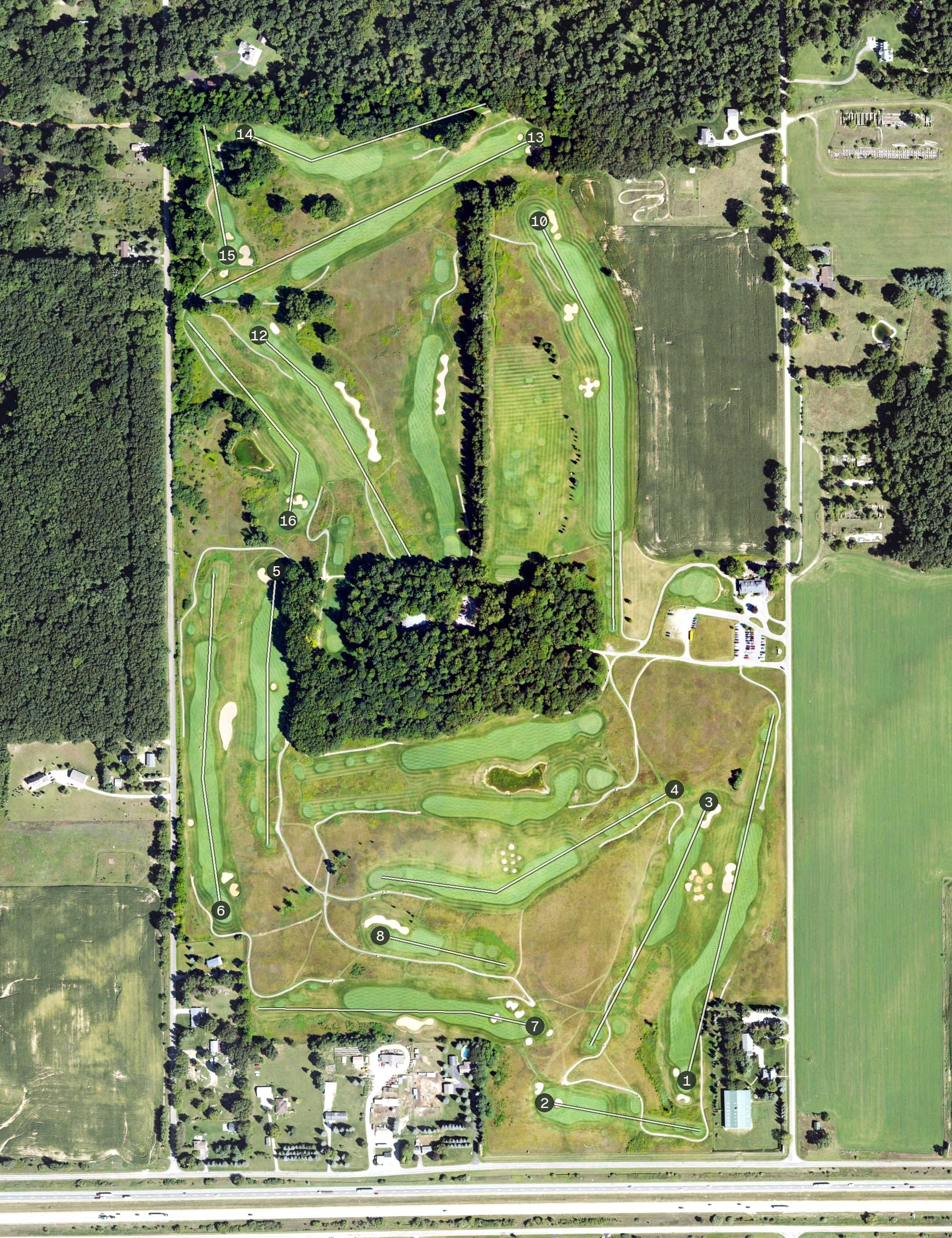 Aerial view of Calderone Farms Golf Club, MI, with its hole routing marked