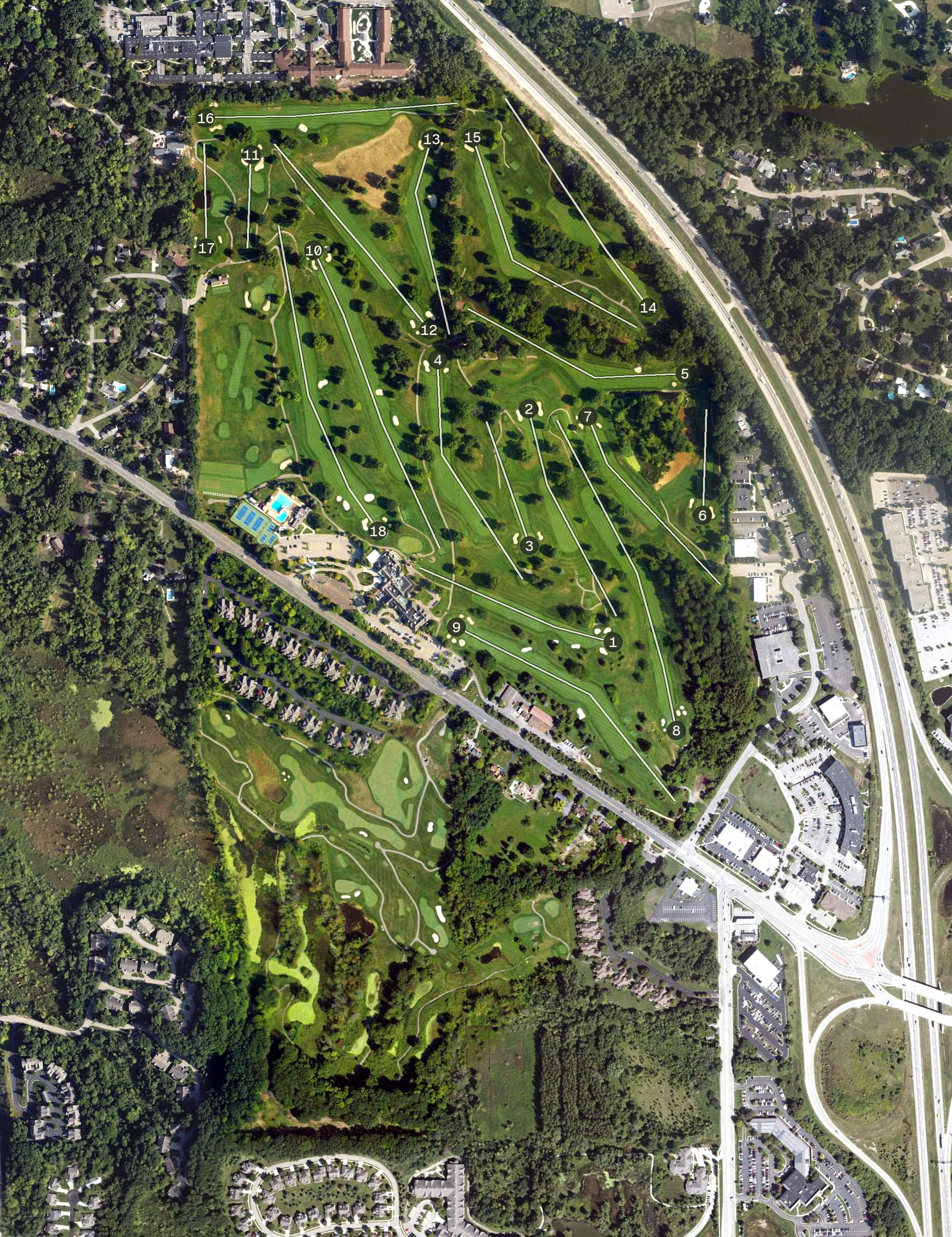 Aerial view of Cascade Hills Country Club, MI, with its hole routing marked