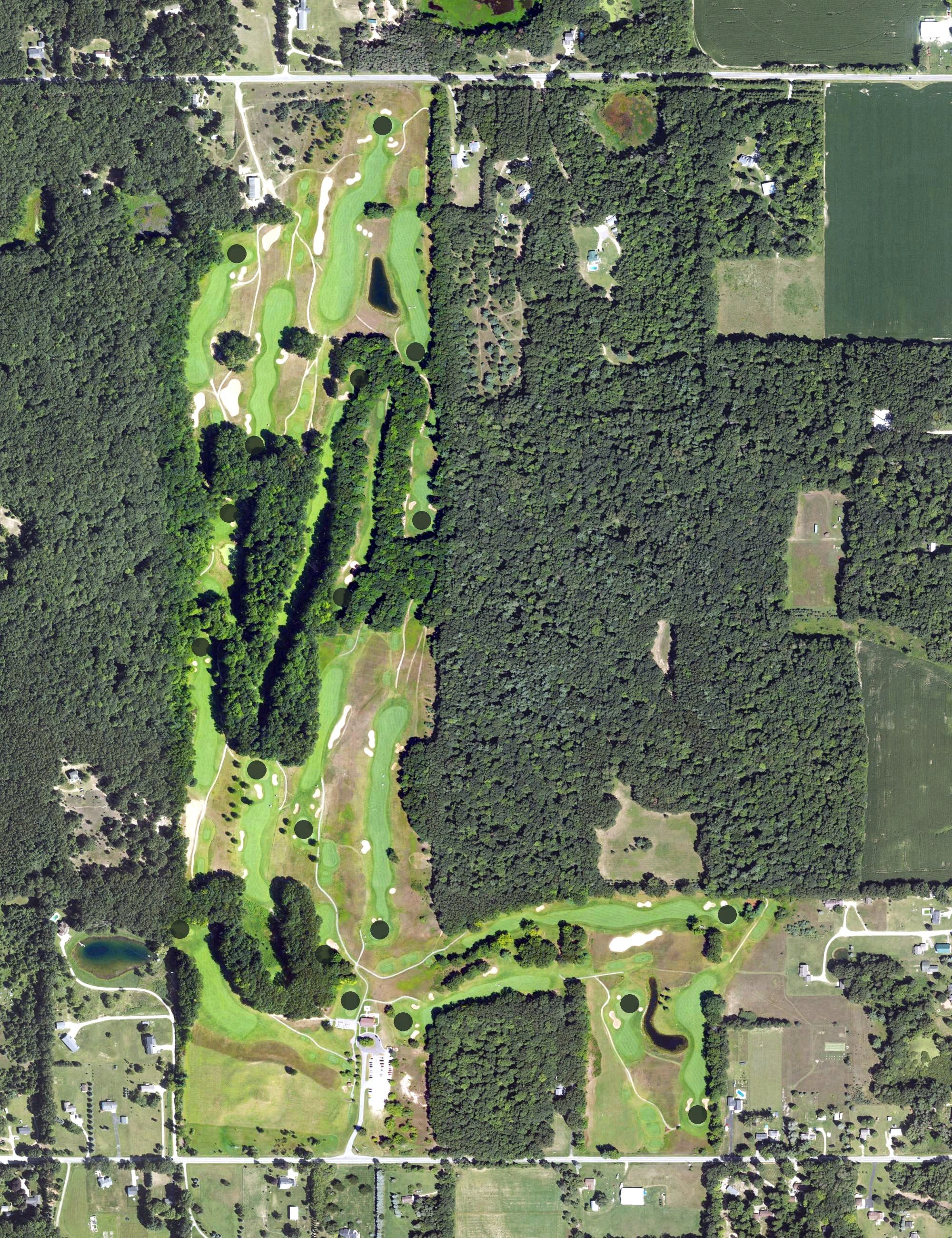 Aerial view of Cedar Chase Golf Club, MI, with its hole routing marked