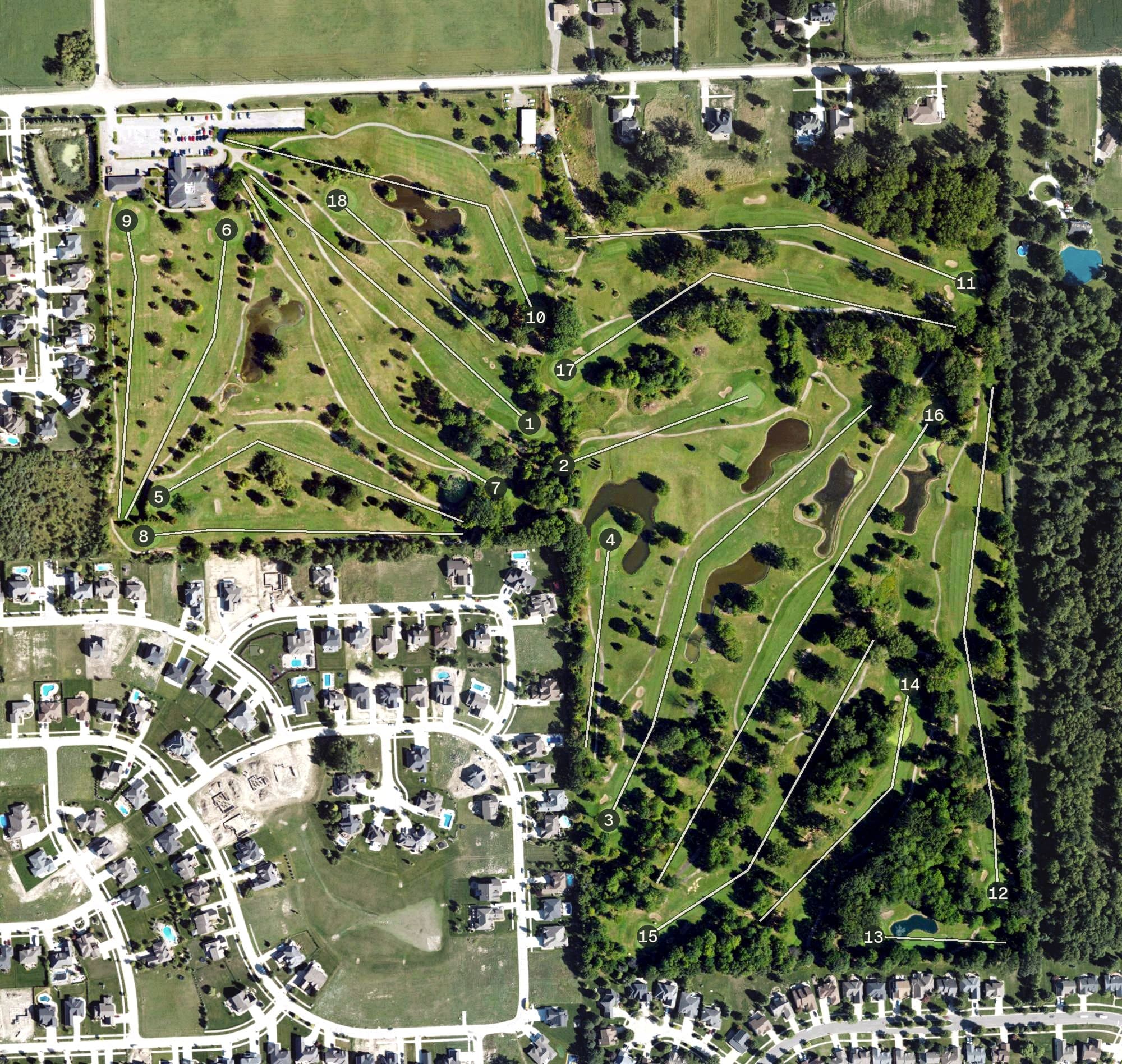 Aerial view of Cedar Glen Golf Club, MI, with its hole routing marked
