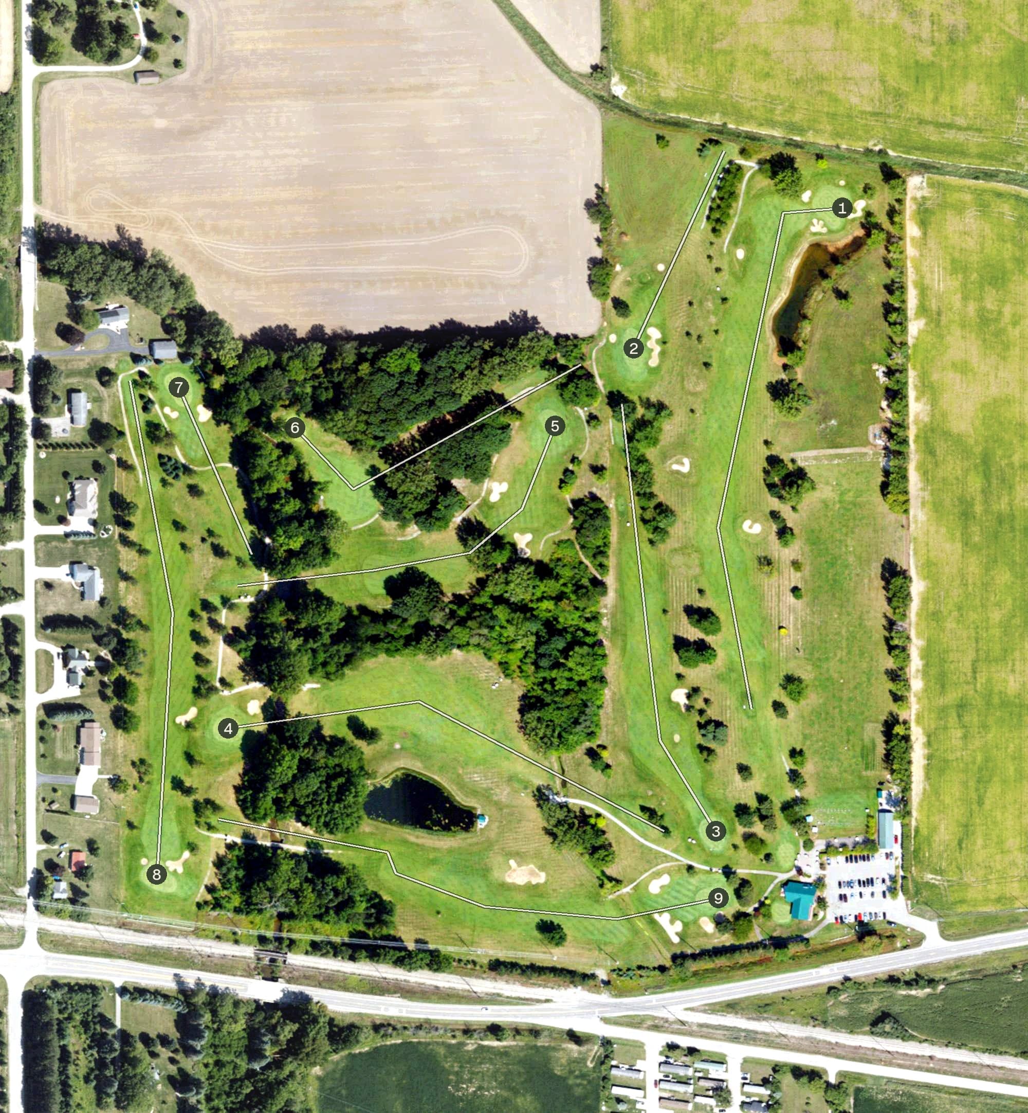 Aerial view of Century Oaks Golf Club, MI, with its hole routing marked