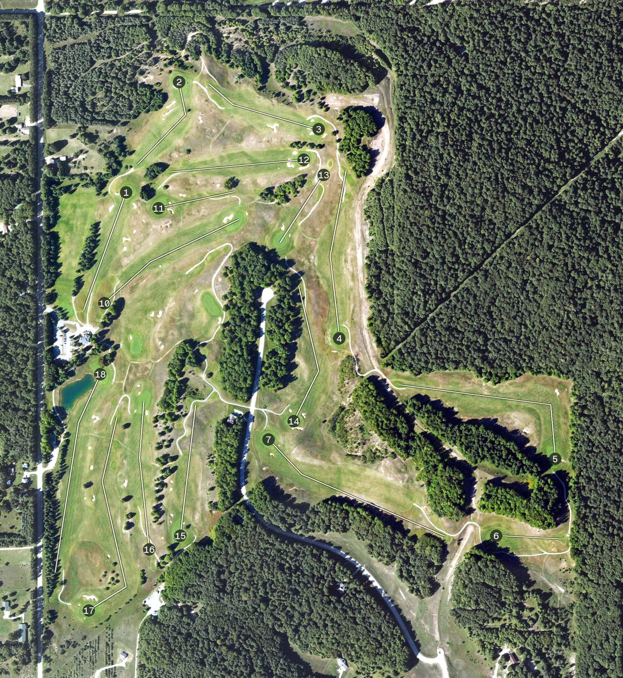 Aerial view of Champion Hill Golf Course, MI, with its hole routing marked