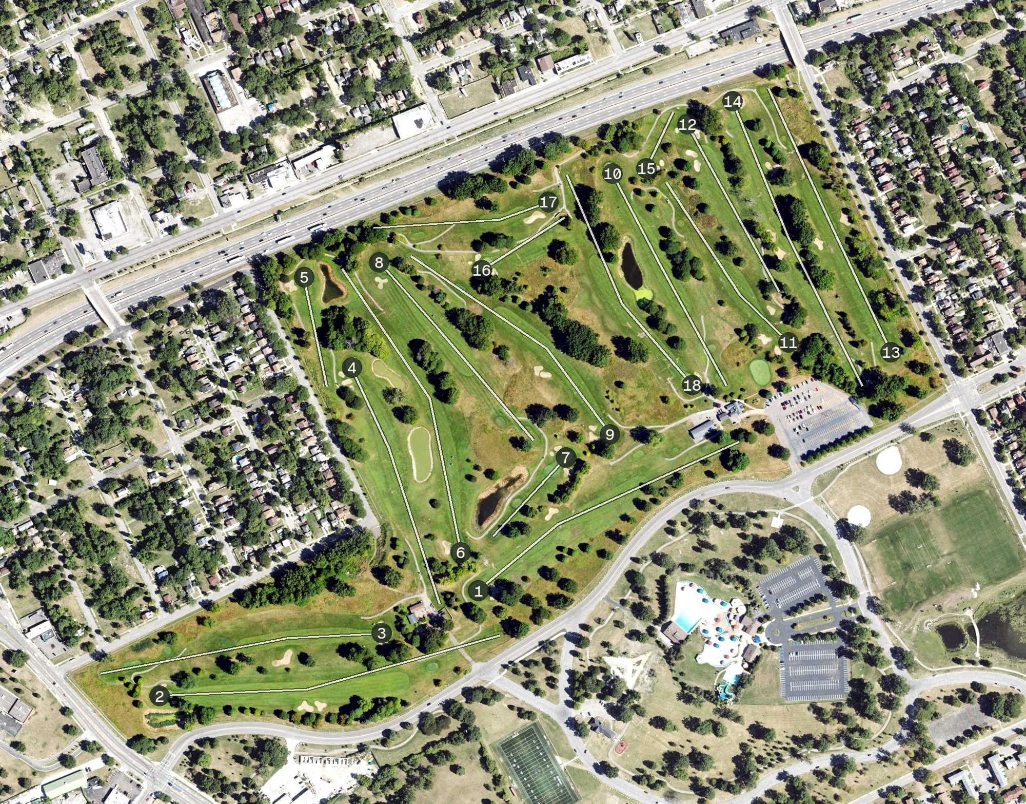 Aerial view of Chandler Park Golf Course, MI, with its hole routing marked