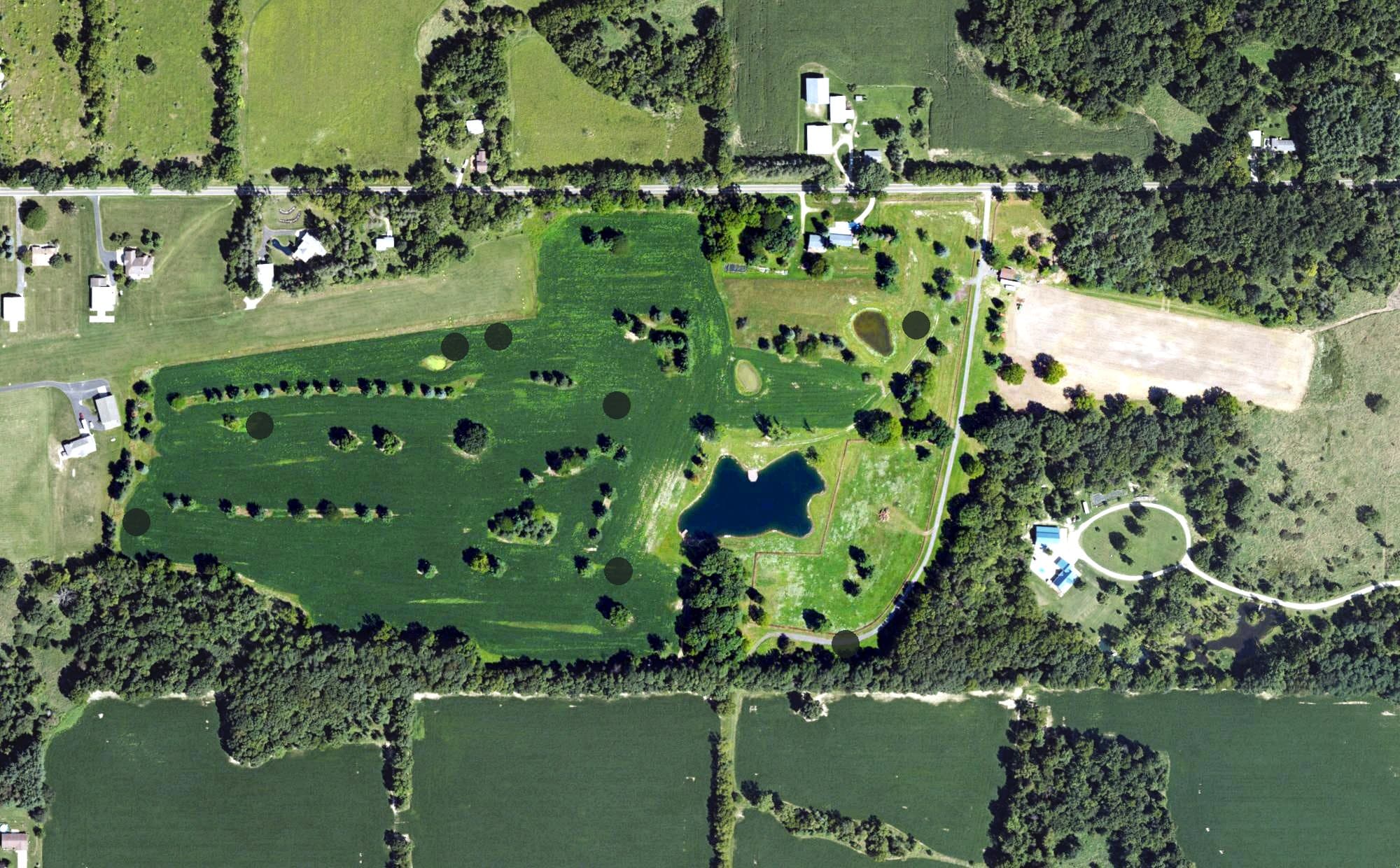 Aerial view of Chardell Golf Course, MI, with its hole routing marked