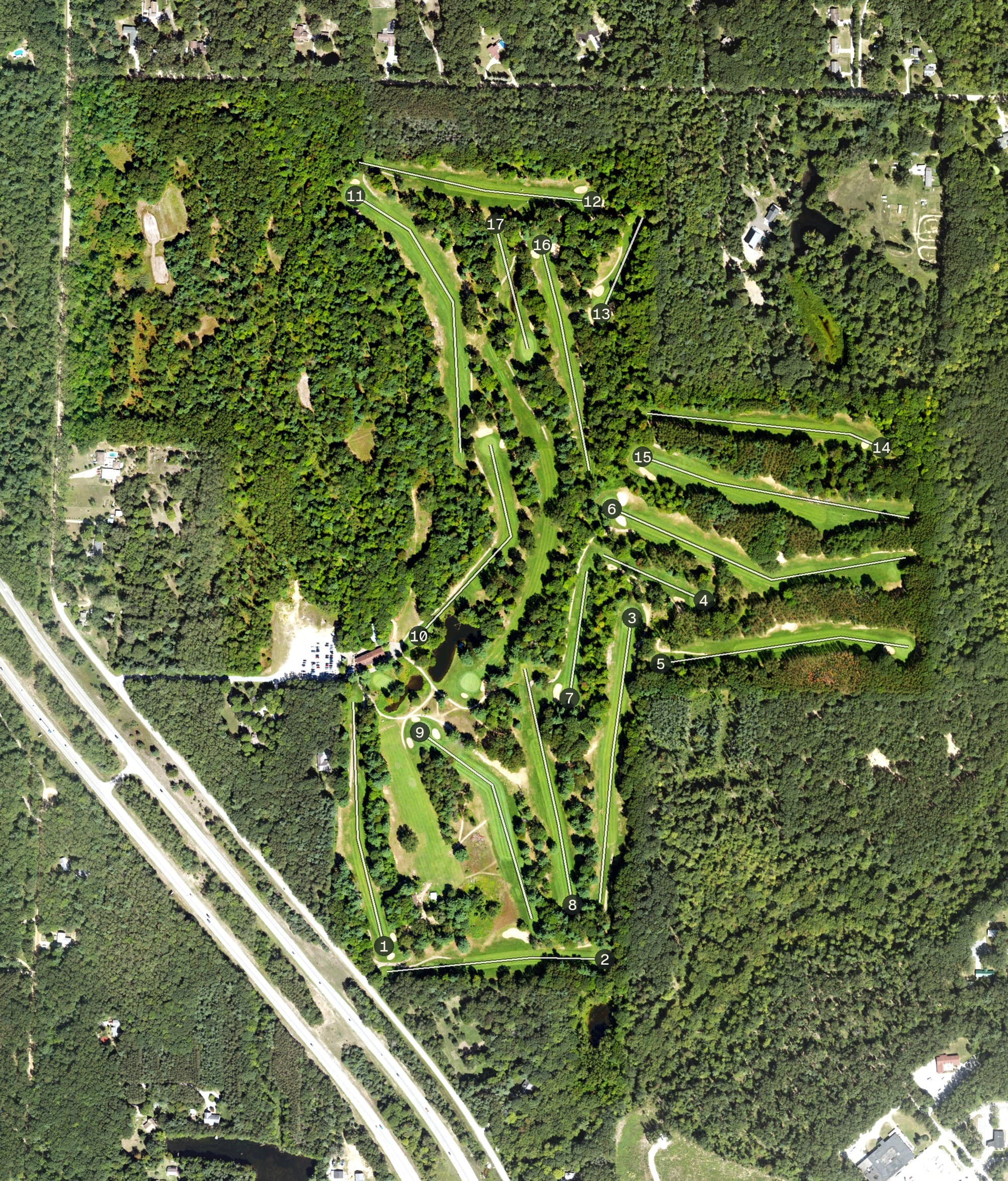 Aerial view of Chase Hammond Golf Club, MI, with its hole routing marked