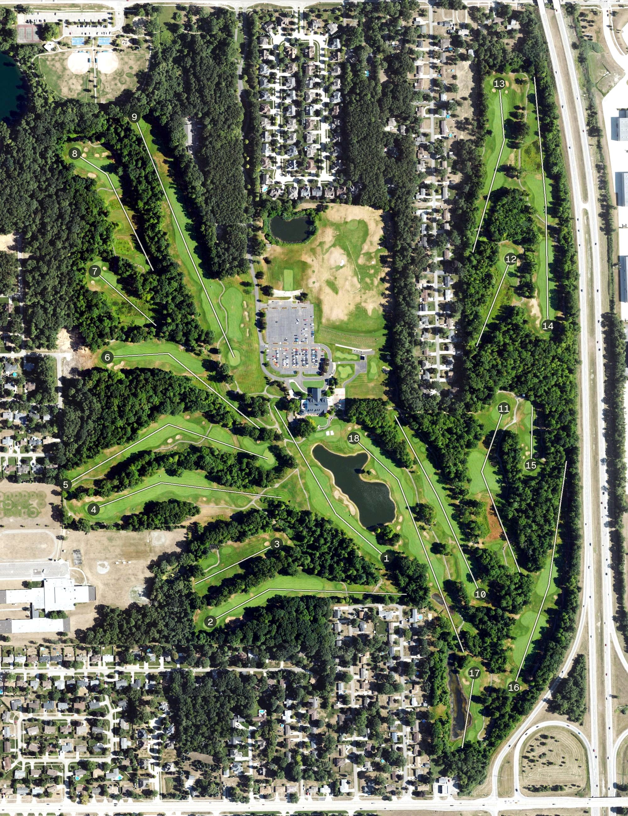 Aerial view of Cherry Creek Golf Club, MI, with its hole routing marked