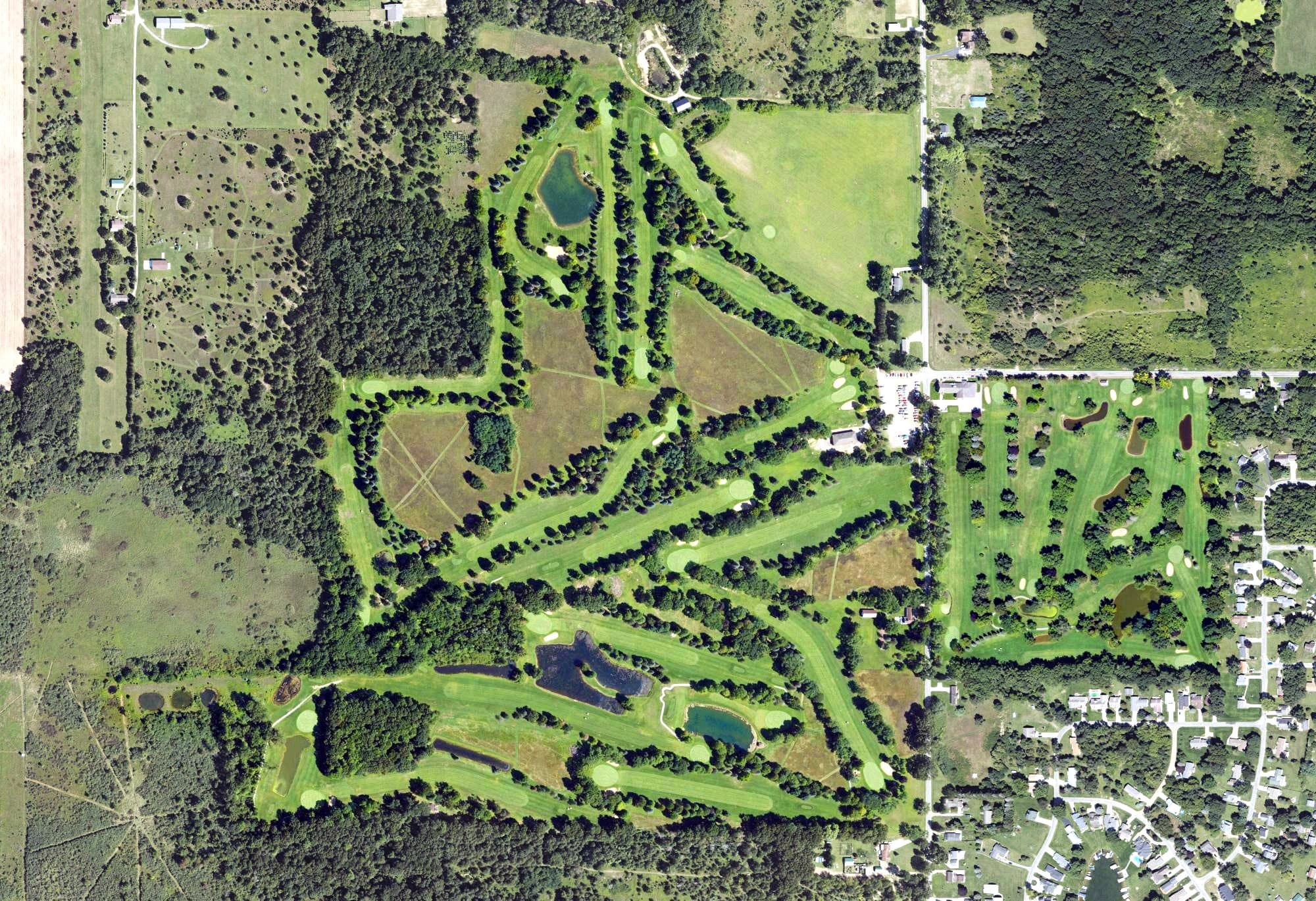 Aerial view of Clark Lake Golf Course, MI, with its hole routing marked