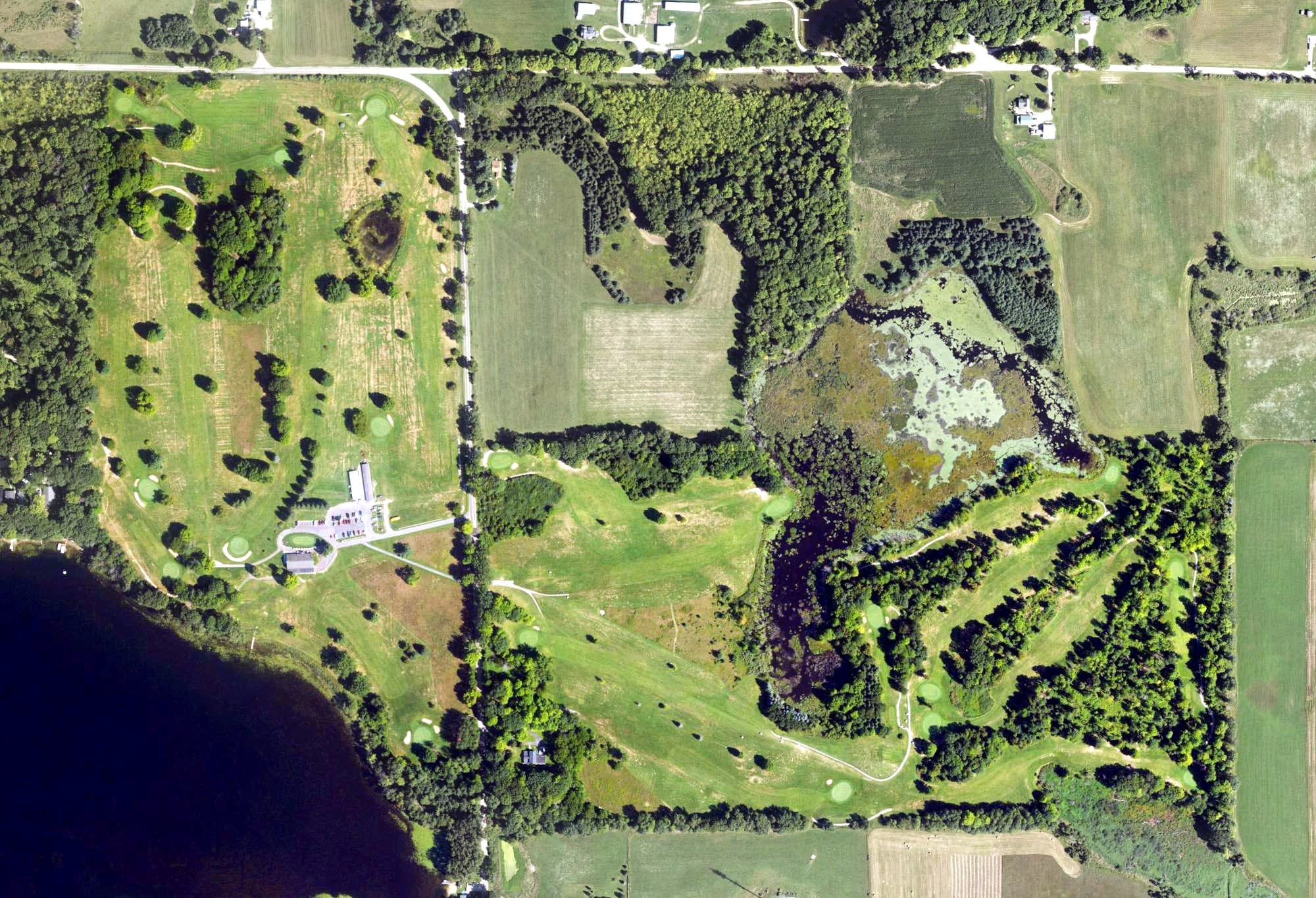 Aerial view of Clear Lake Golf Club, MI, with its hole routing marked