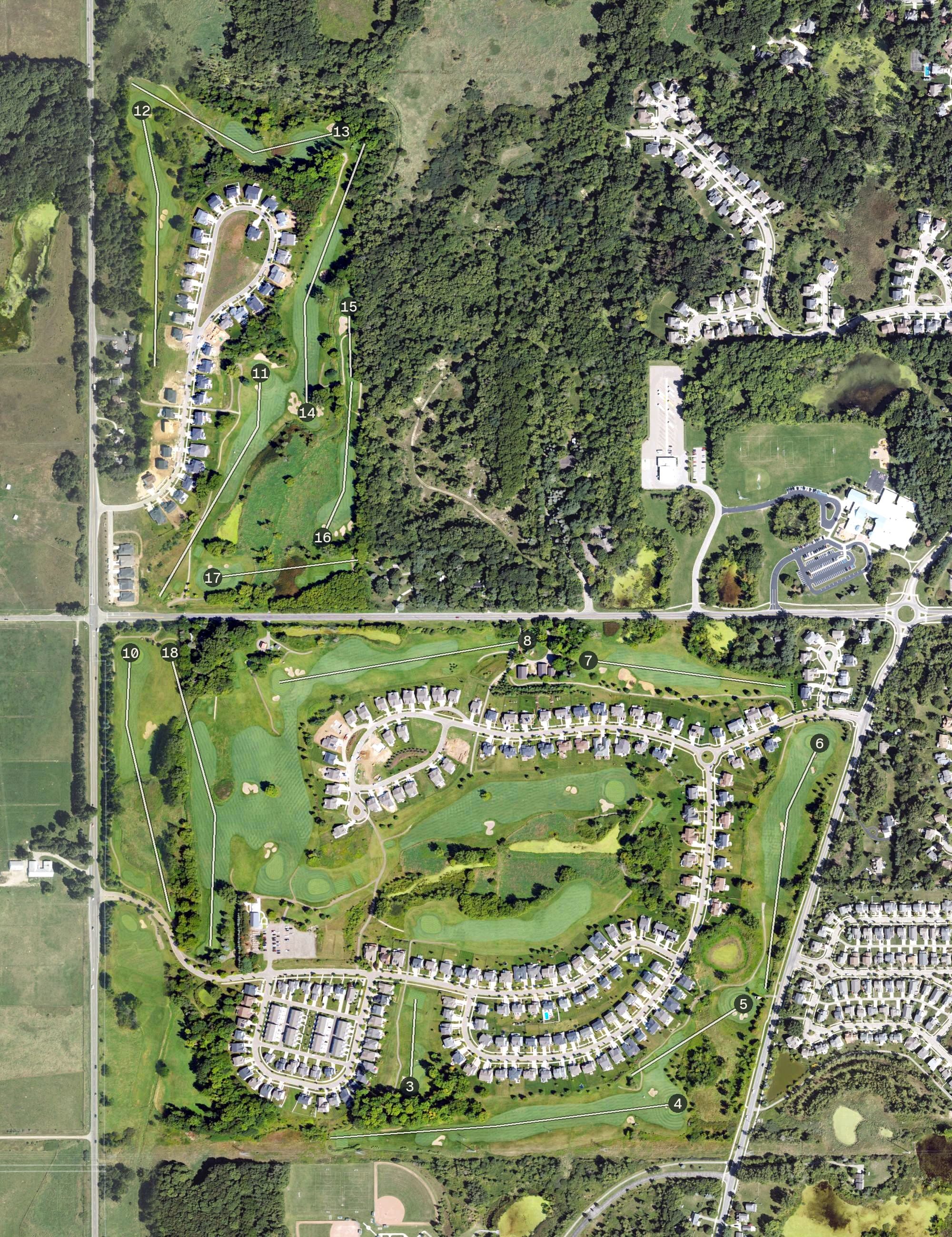 Aerial view of College Fields Golf Club, MI, with its hole routing marked