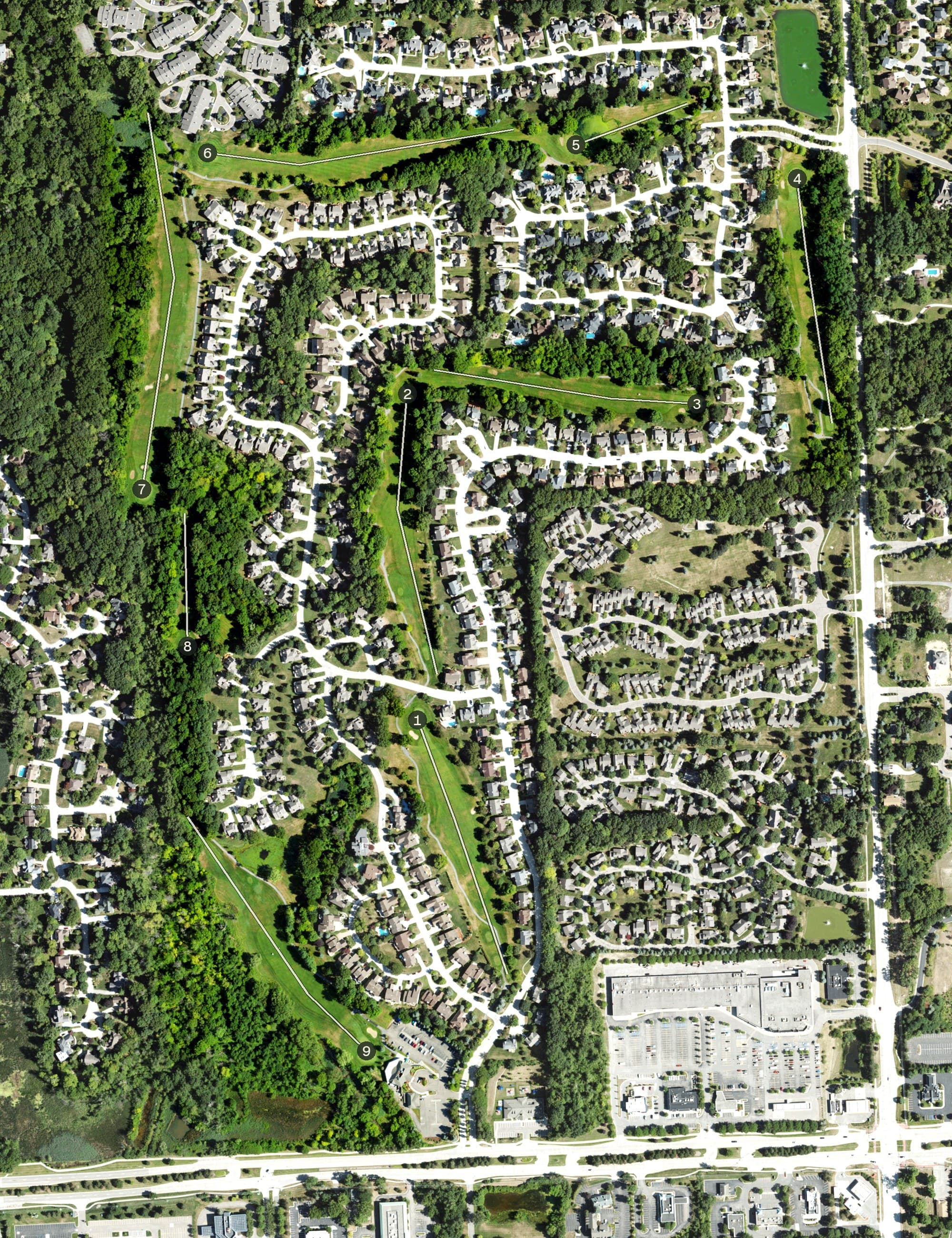Aerial view of Copper Creek Golf Course, MI, with its hole routing marked