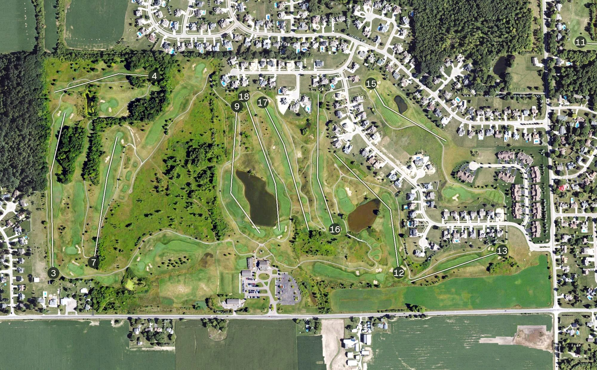 Aerial view of Copper Ridge Golf Club, MI, with its hole routing marked