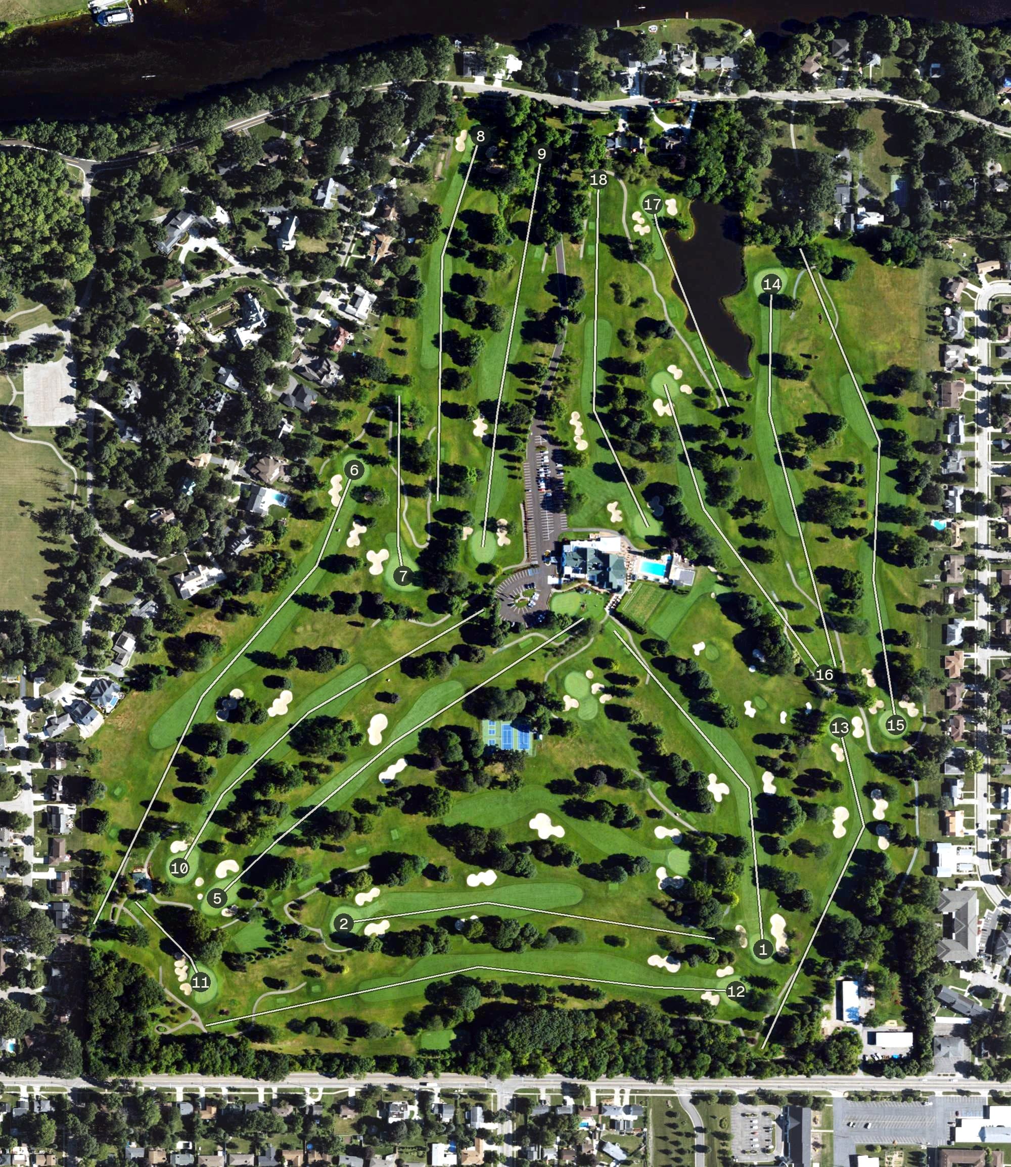 Aerial view of Country Club of Lansing, MI, with its hole routing marked