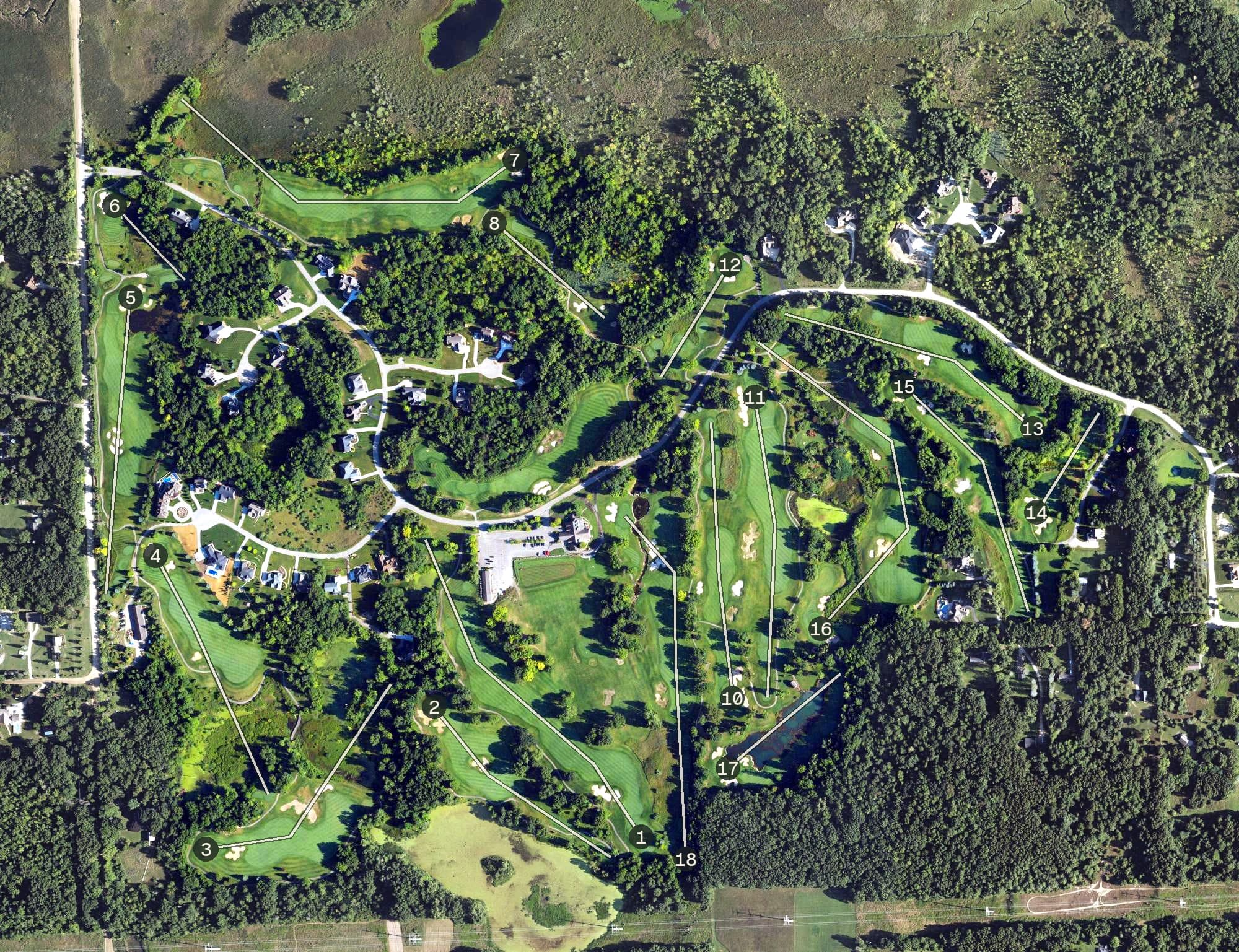 Aerial view of Coyote Preserve Golf Club, MI, with its hole routing marked