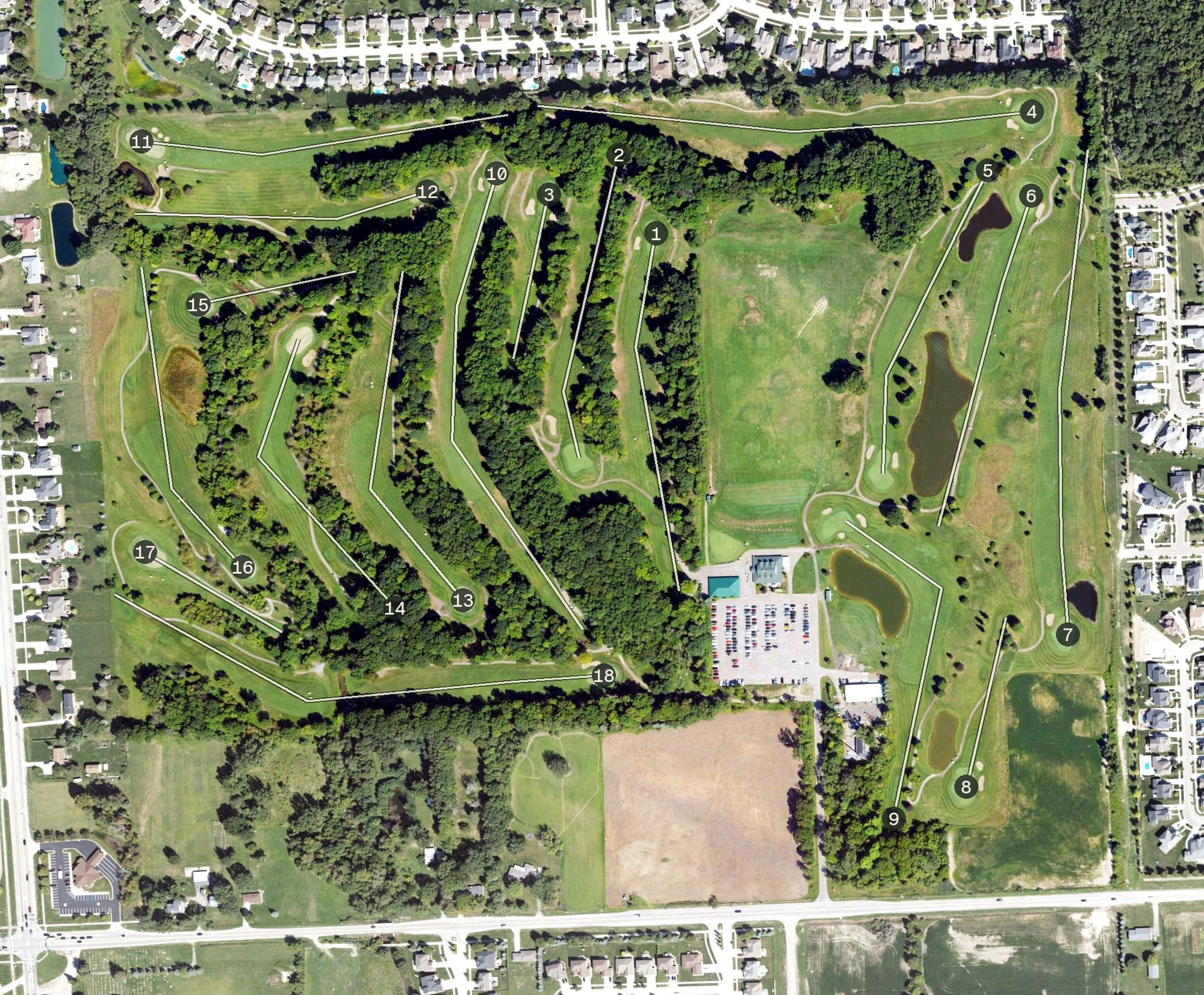 Aerial view of Cracklewood Golf Club!, MI, with its hole routing marked