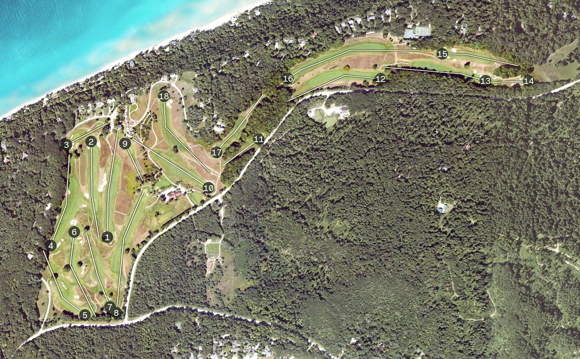 Aerial view of Crystal Downs Country Club, MI