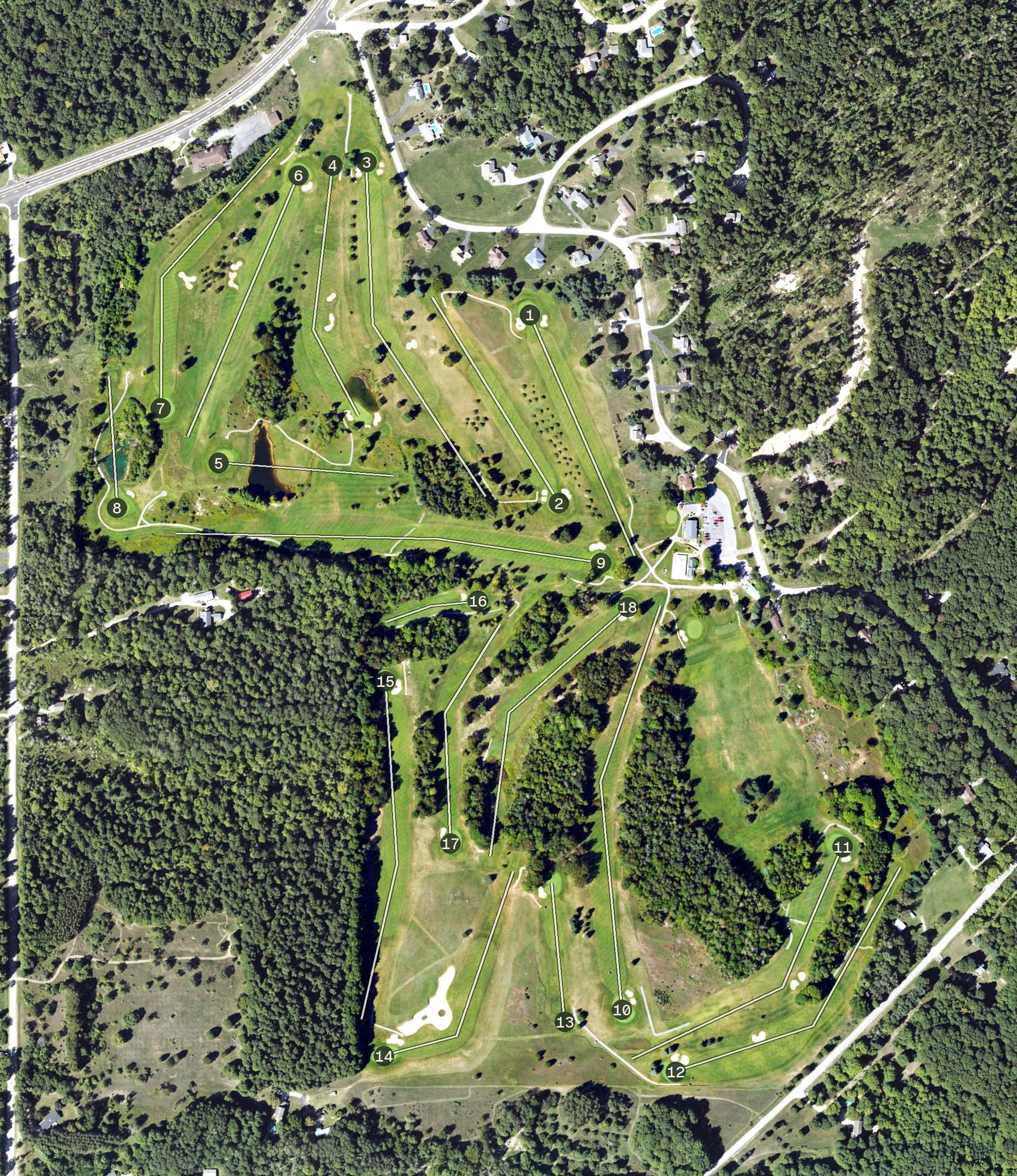 Aerial view of Crystal Lake Golf Club, MI, with its hole routing marked