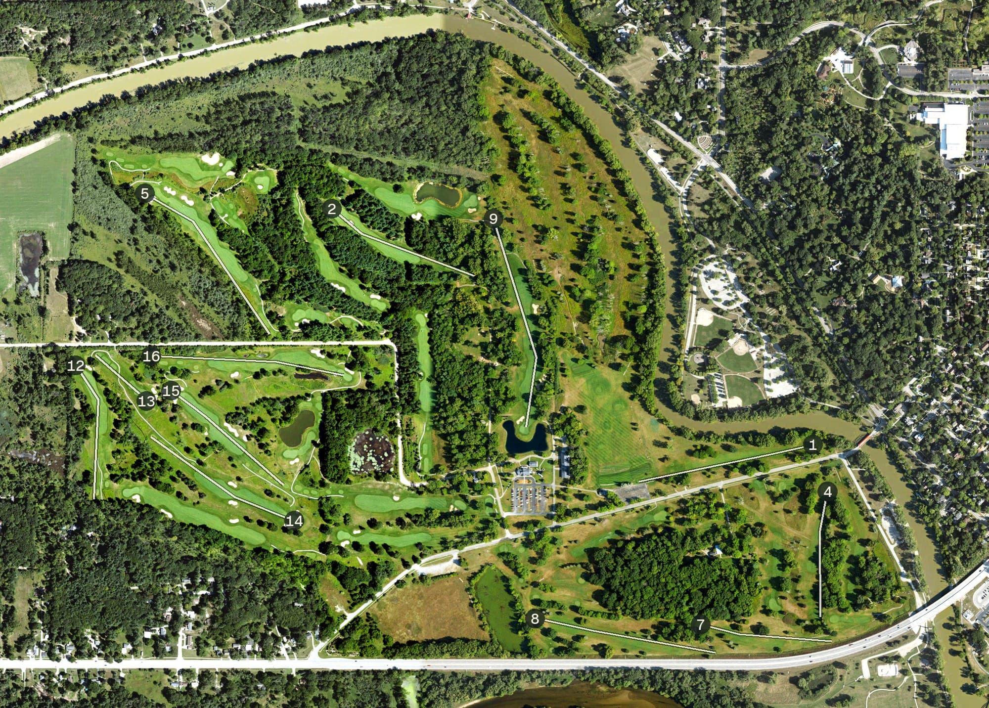 Aerial view of Currie Municipal Golf Course, MI, with its hole routing marked