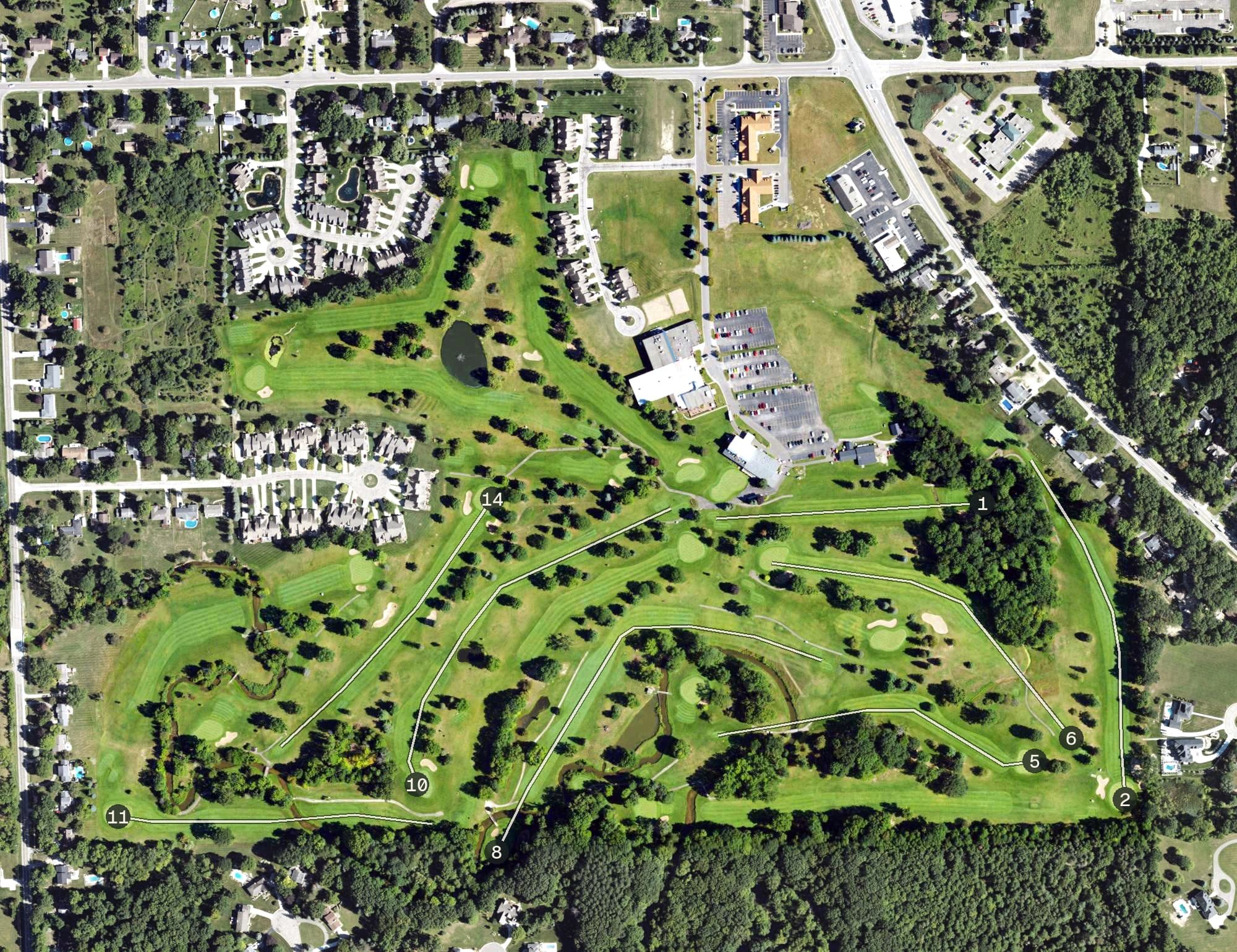 Aerial view of Davison Country Club, MI, with its hole routing marked