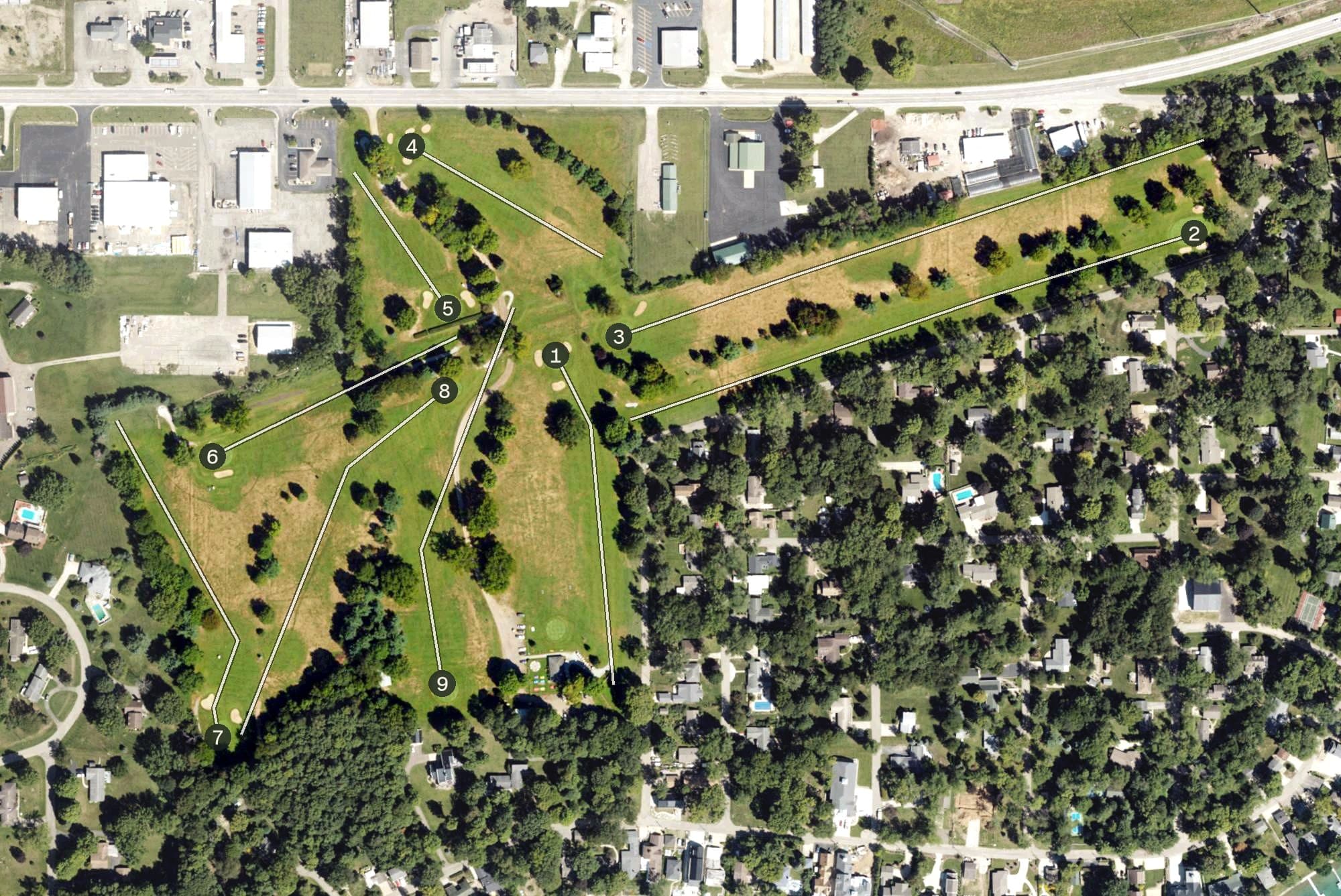 Aerial view of Diamond Lake Golf Club, MI, with its hole routing marked