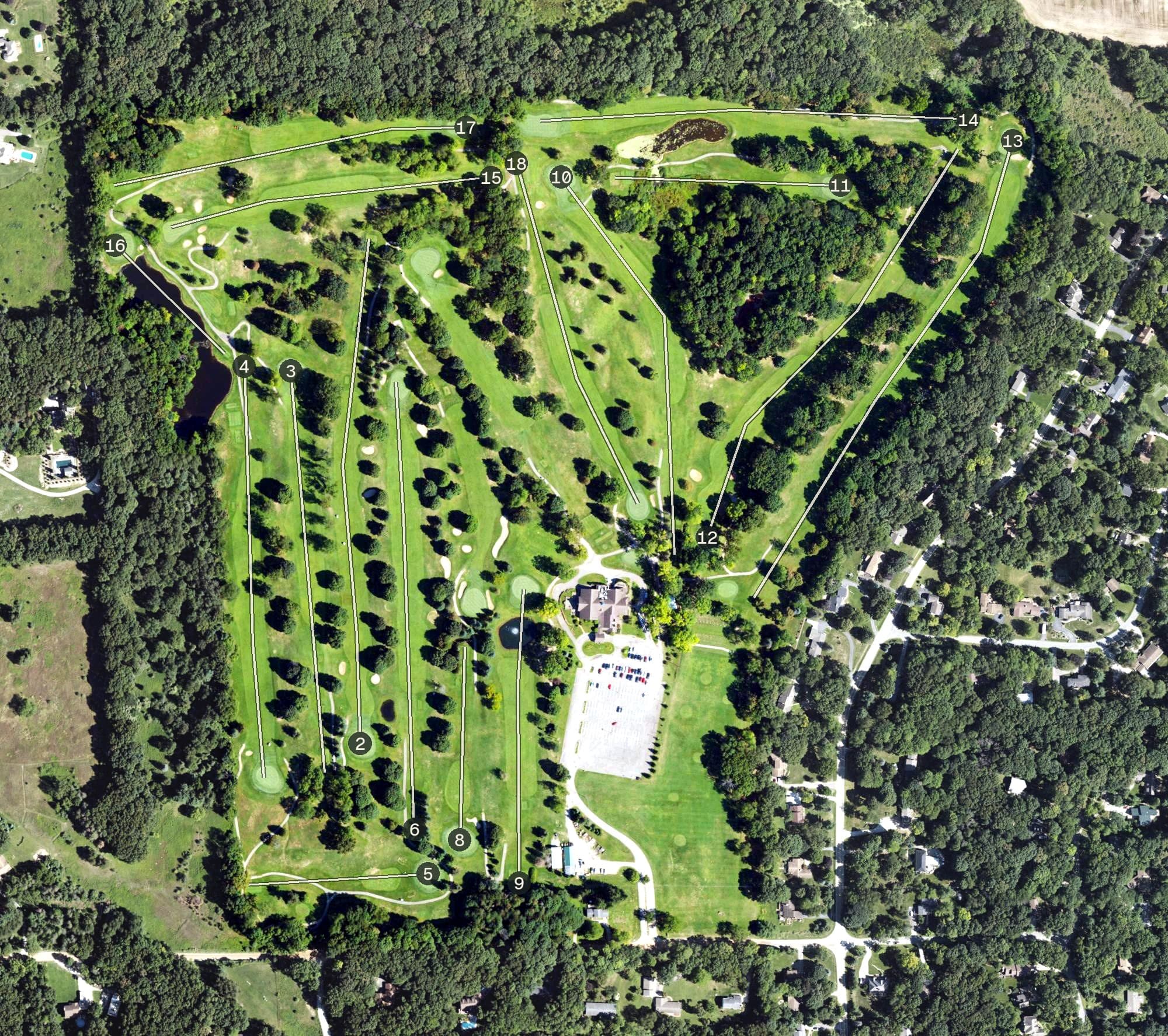 Aerial view of Dunham Hills Golf Club, MI, with its hole routing marked