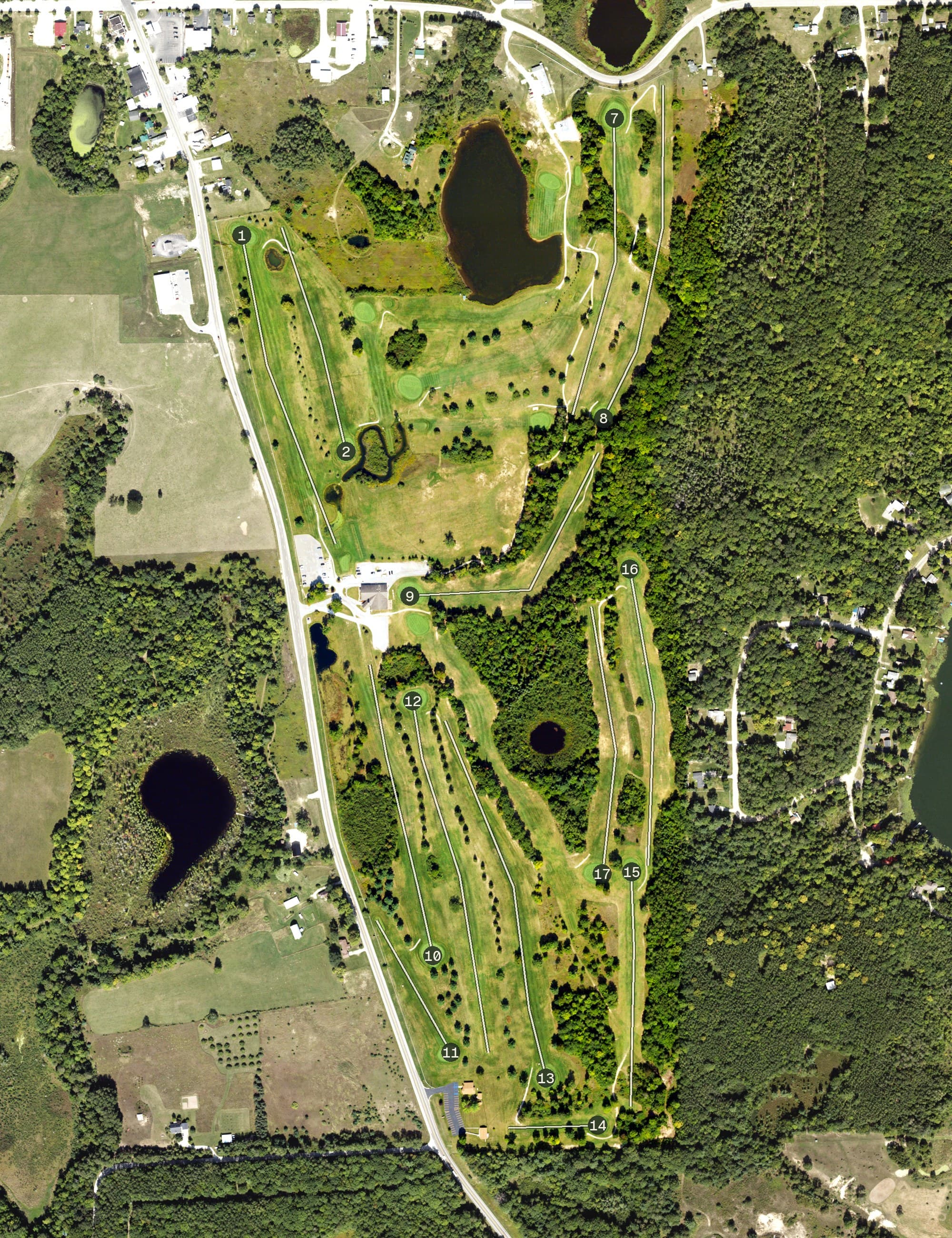 Aerial view of Eagle Ridge Golf Club, MI, with its hole routing marked