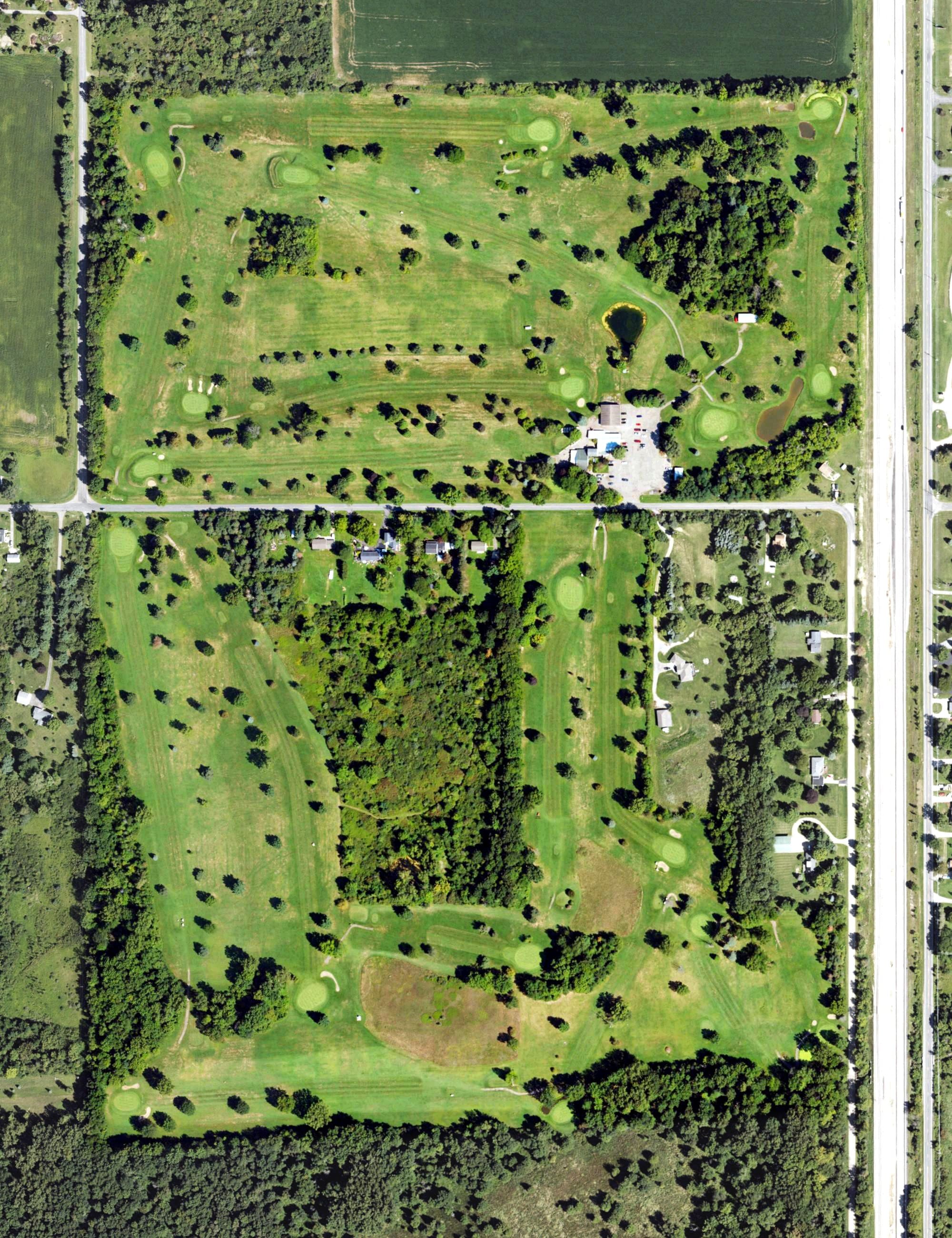 Aerial view of Eagle View Golf Club, MI, with its hole routing marked