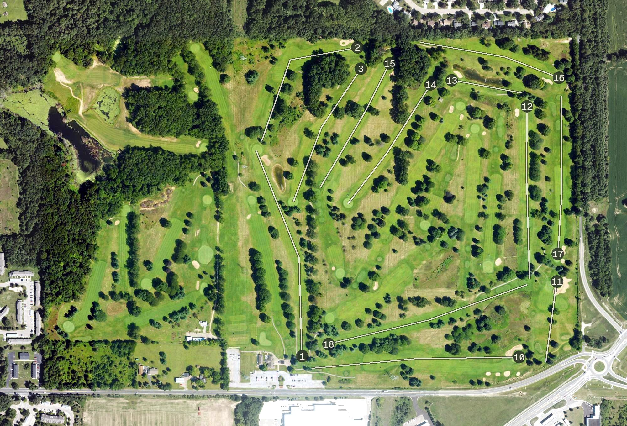 Aerial view of Eastern Hills Golf Club, MI, with its hole routing marked