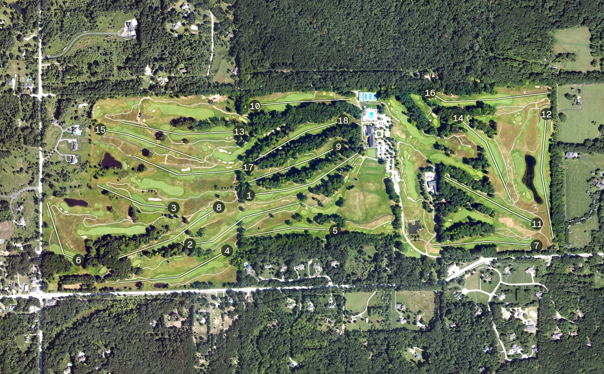 Aerial view of Egypt Valley Country Club, MI, with its hole routing marked