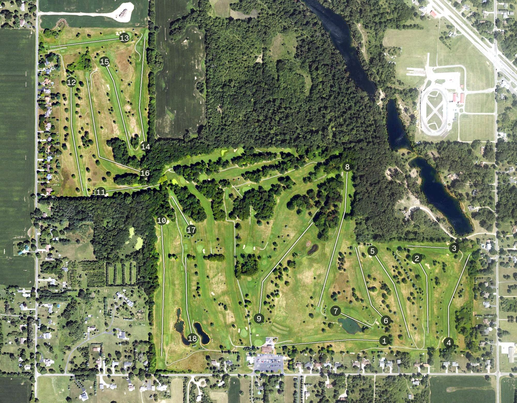 Aerial view of El Dorado Golf Course, MI, with its hole routing marked