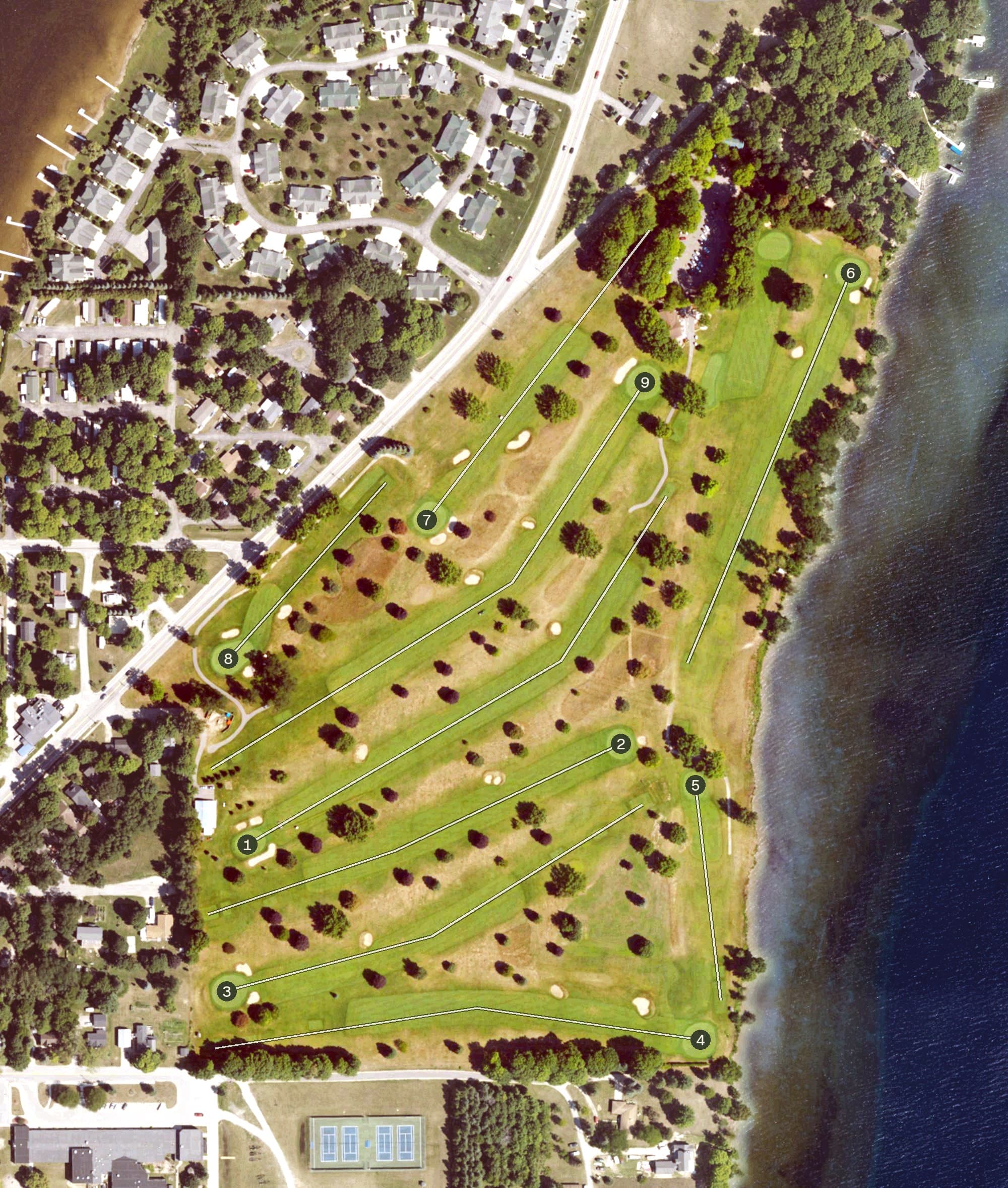 Aerial view of Elk Rapids Golf Club, MI, with its hole routing marked