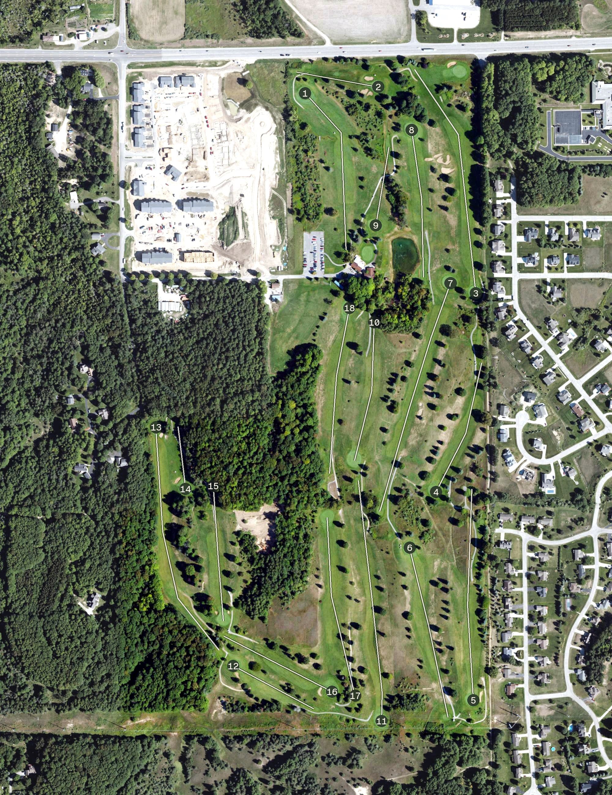 Aerial view of Elmbrook Golf Course, MI, with its hole routing marked