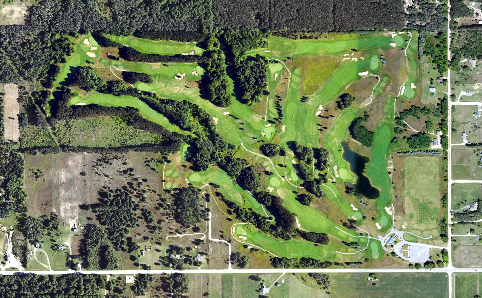 Aerial view of Emerald Vale Golf Club, MI, with its hole routing marked
