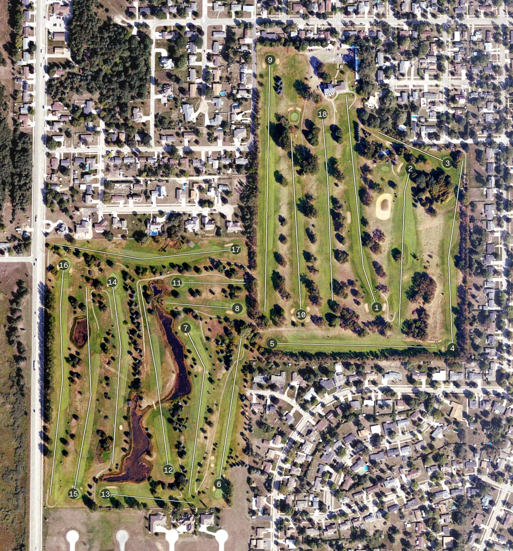 Aerial view of Escanaba Country Club, MI, with its hole routing marked