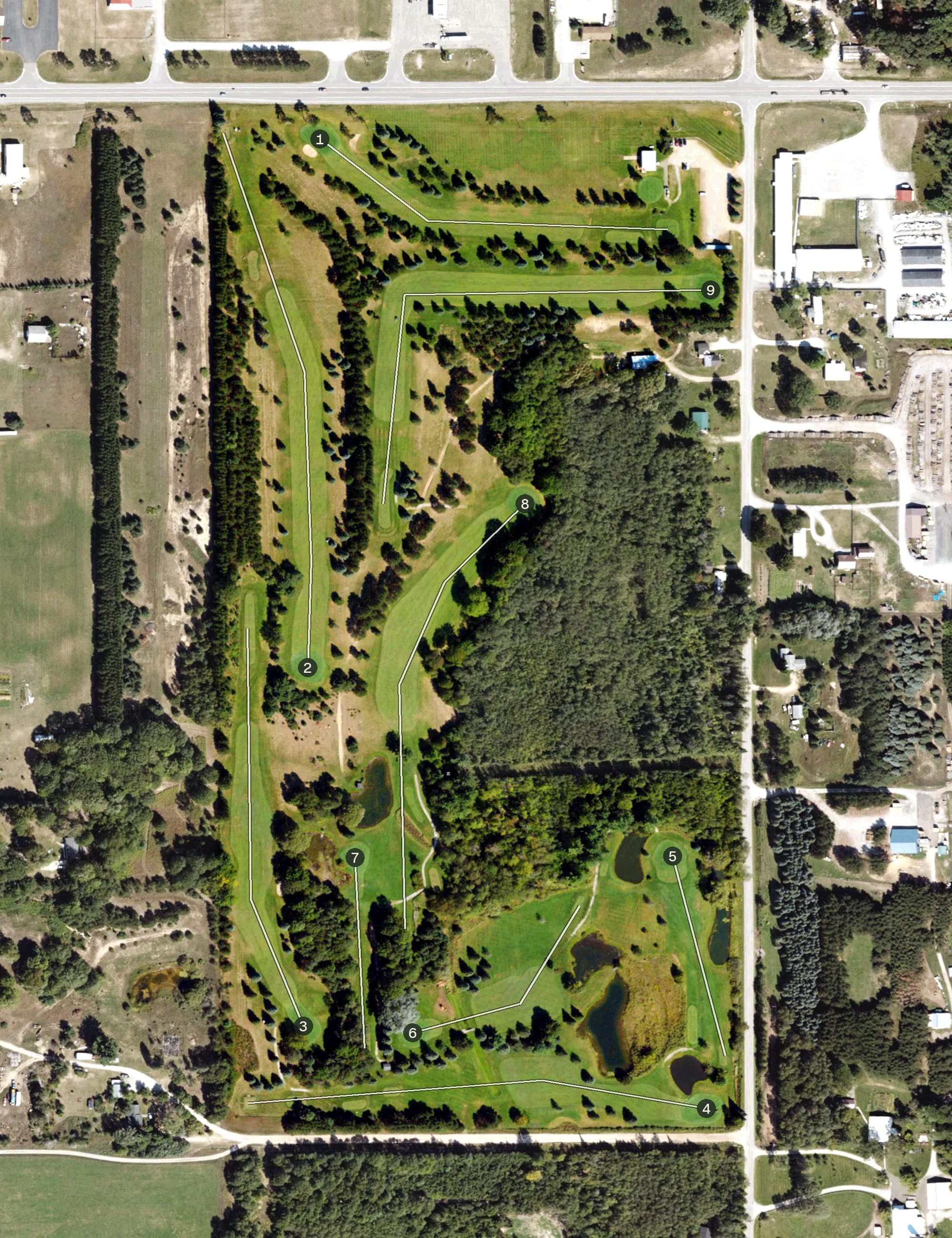 Aerial view of Fairview Hills Golf Club, MI, with its hole routing marked