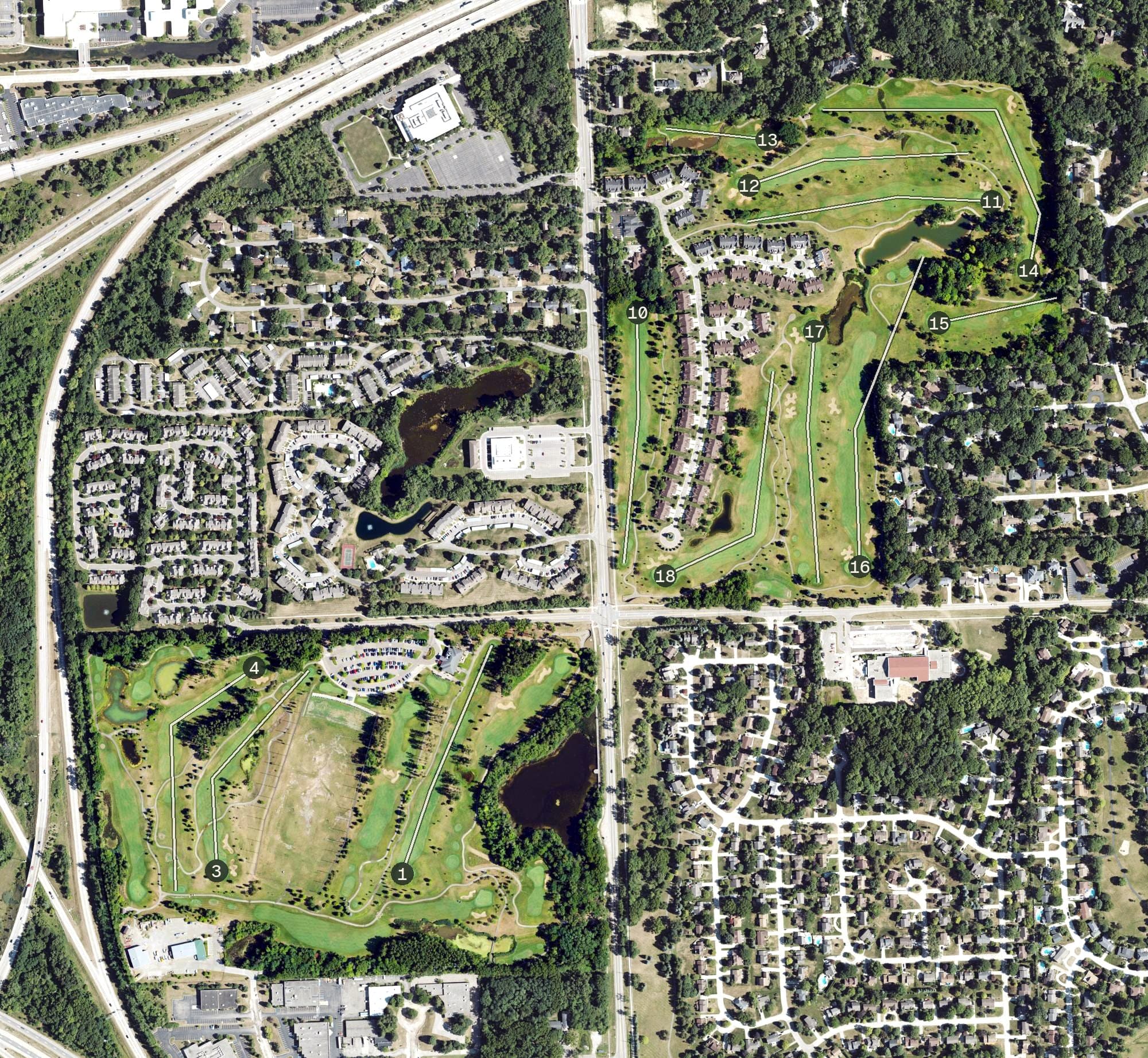 Aerial view of Farmington Hills Golf Club, MI, with its hole routing marked