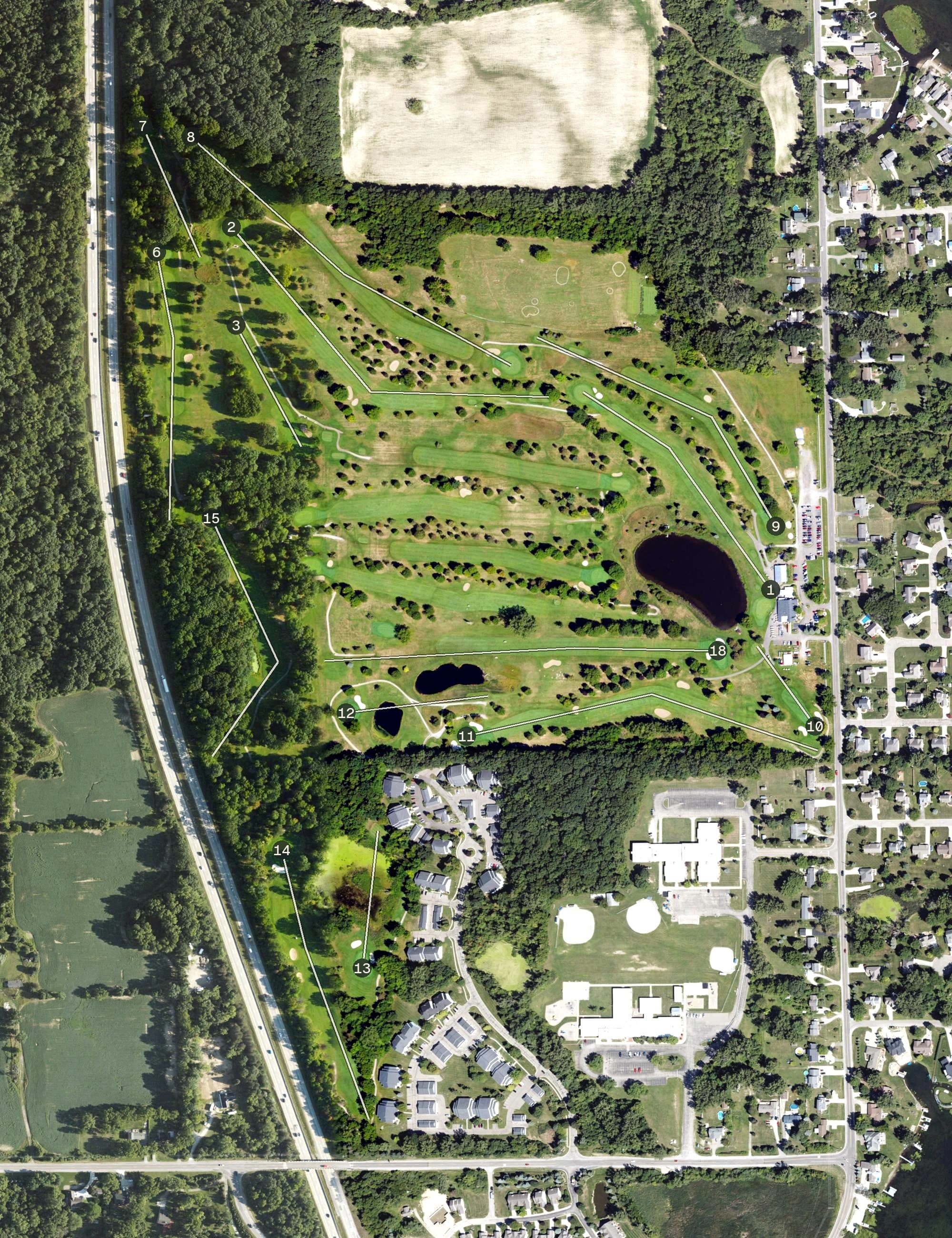 Aerial view of Fenton Farms Golf Club, MI, with its hole routing marked