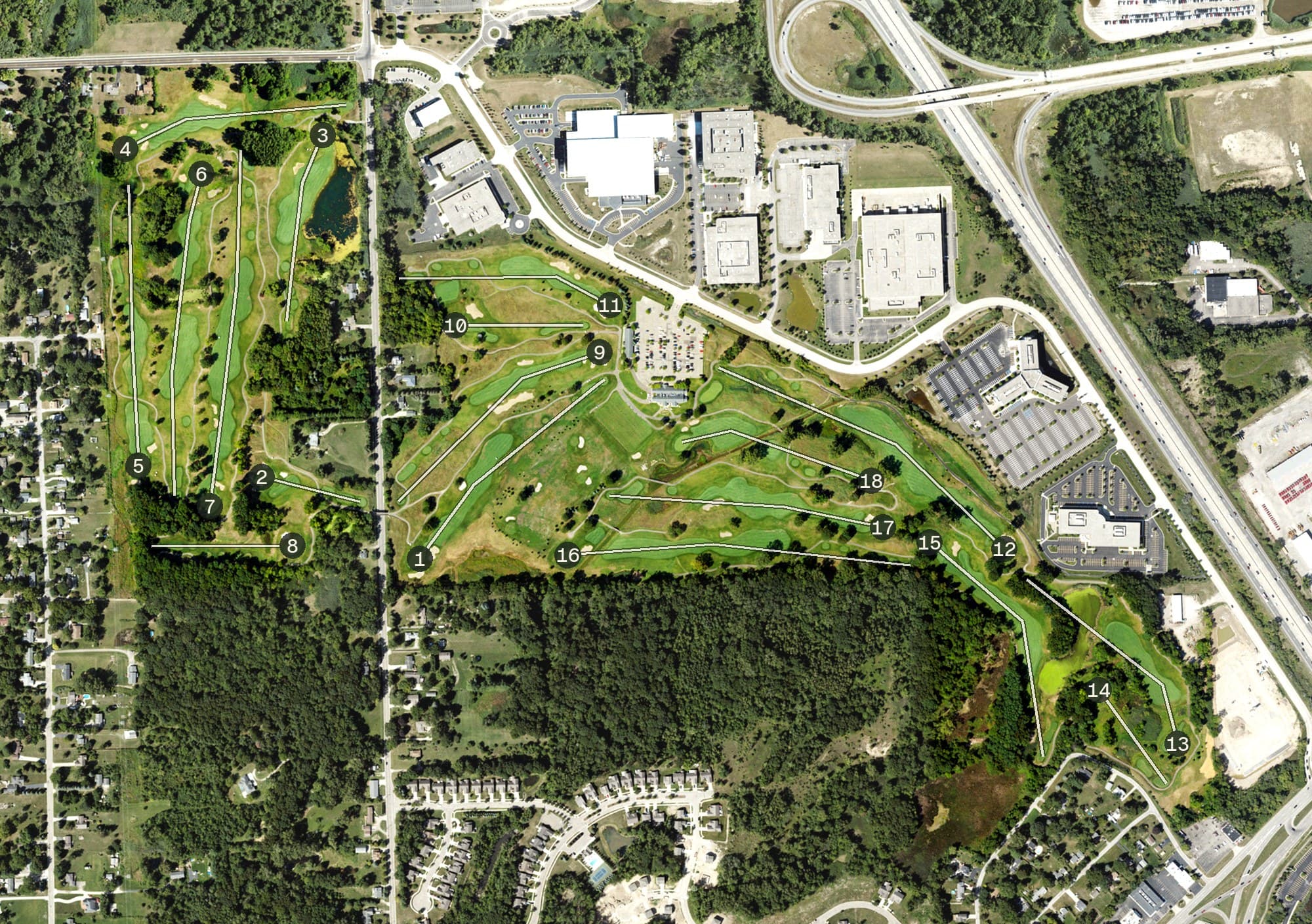 Aerial view of Fieldstone Golf Club, MI, with its hole routing marked