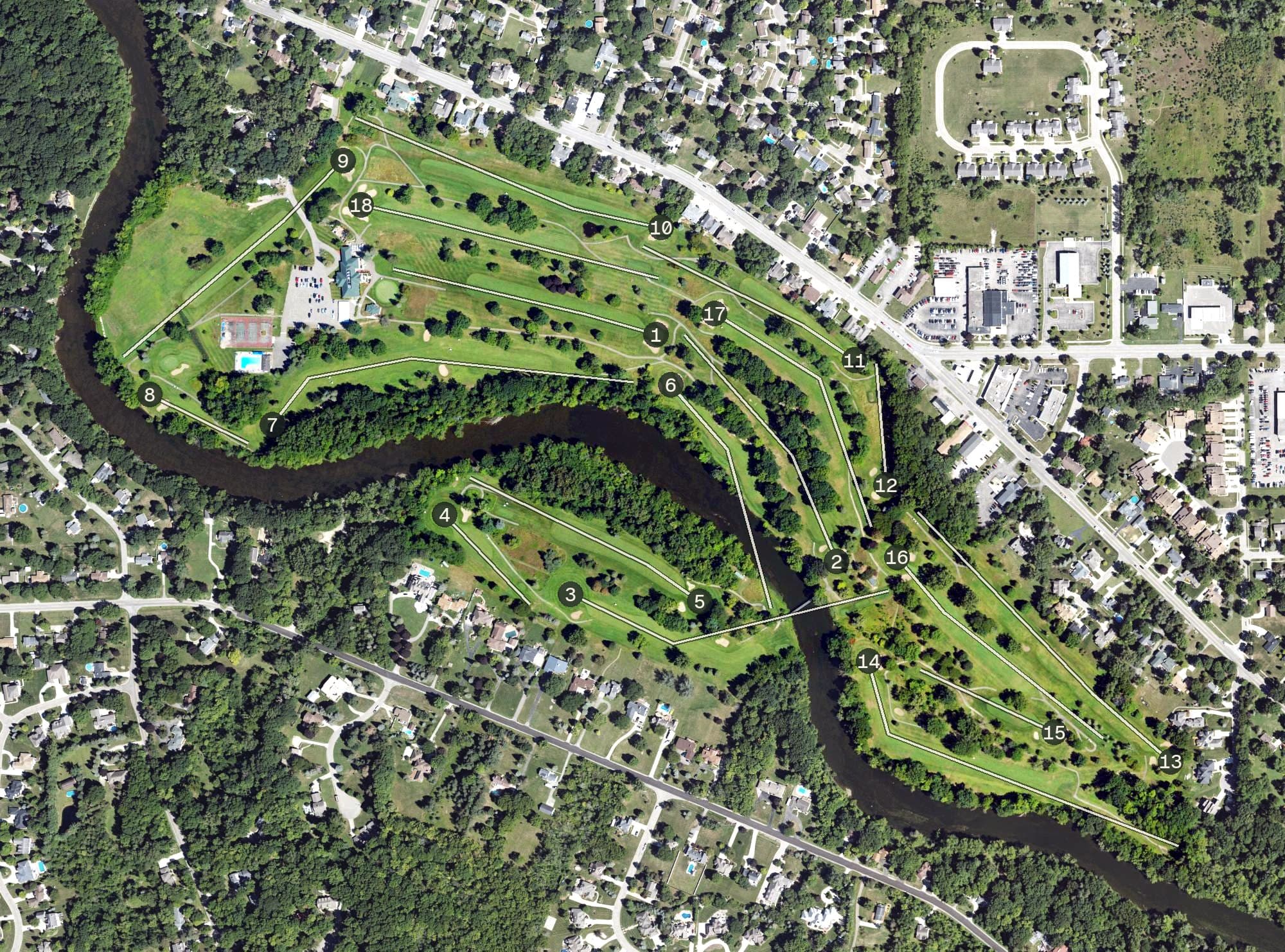 Aerial view of Flushing Valley Golf Club, MI, with its hole routing marked