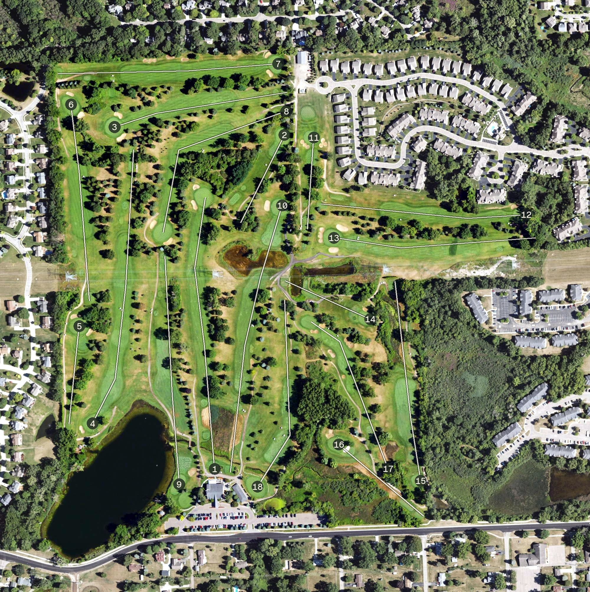 Aerial view of Fountains Golf & Banquet, MI, with its hole routing marked